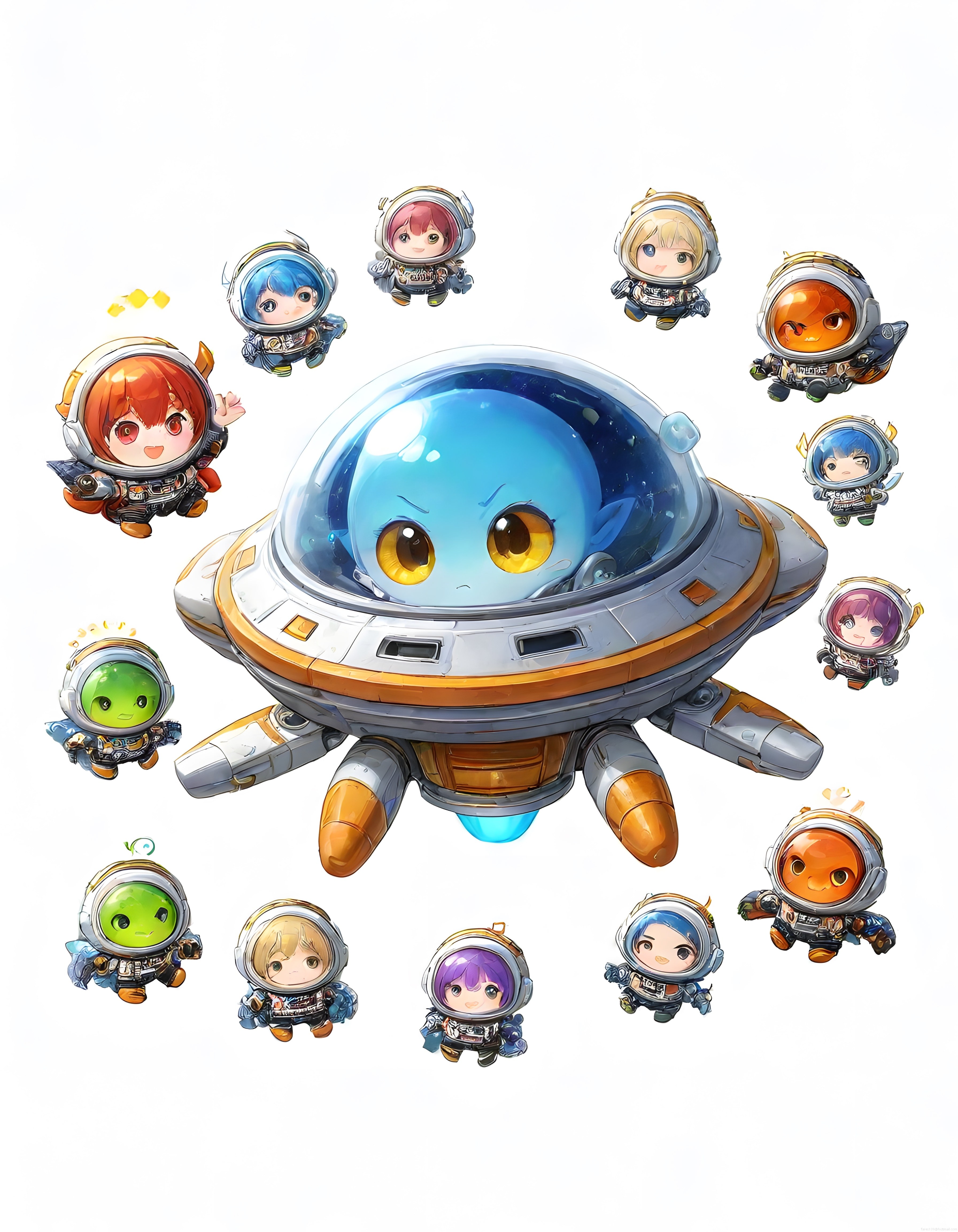 Sevimli Uzaylı Arkadaşlar ve UFO: Anime Tarzında Renkli Dijital İllüstrasyon
