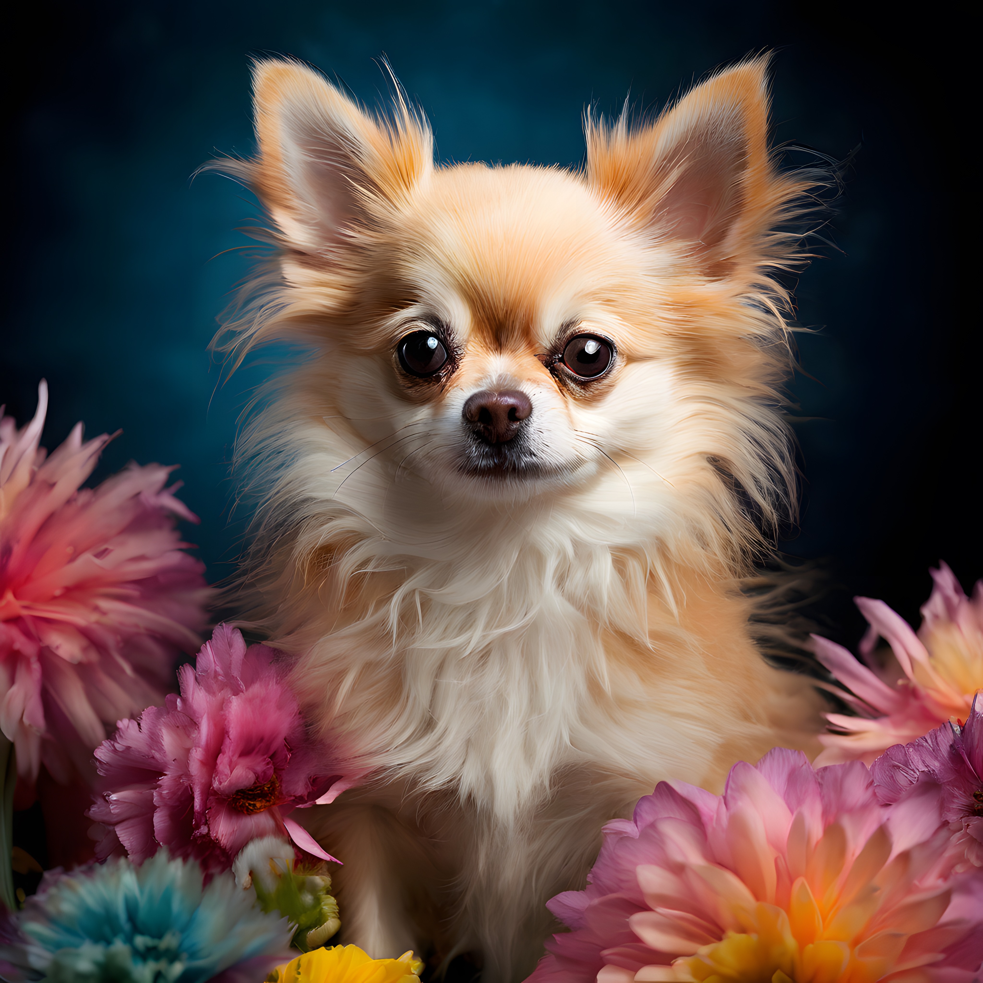 Sevimli Uzun Tüylü Chihuahua Köpeği Renkli Çiçekler Arasında Yakın Çekim Portre