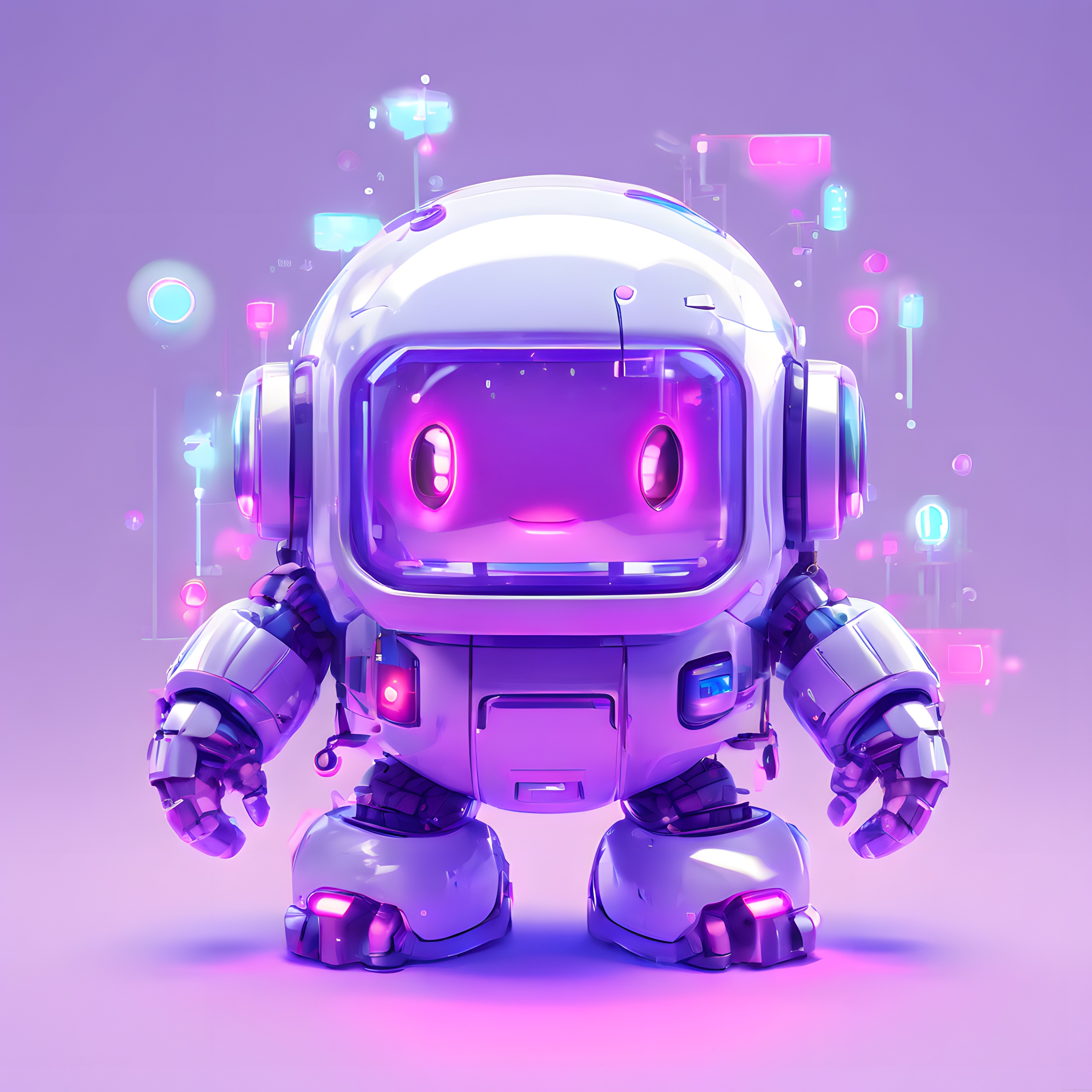 Sevimli Yapay Zeka Robotu: Mor Neon Işıklarla Geleceğin Dijital Dünyası