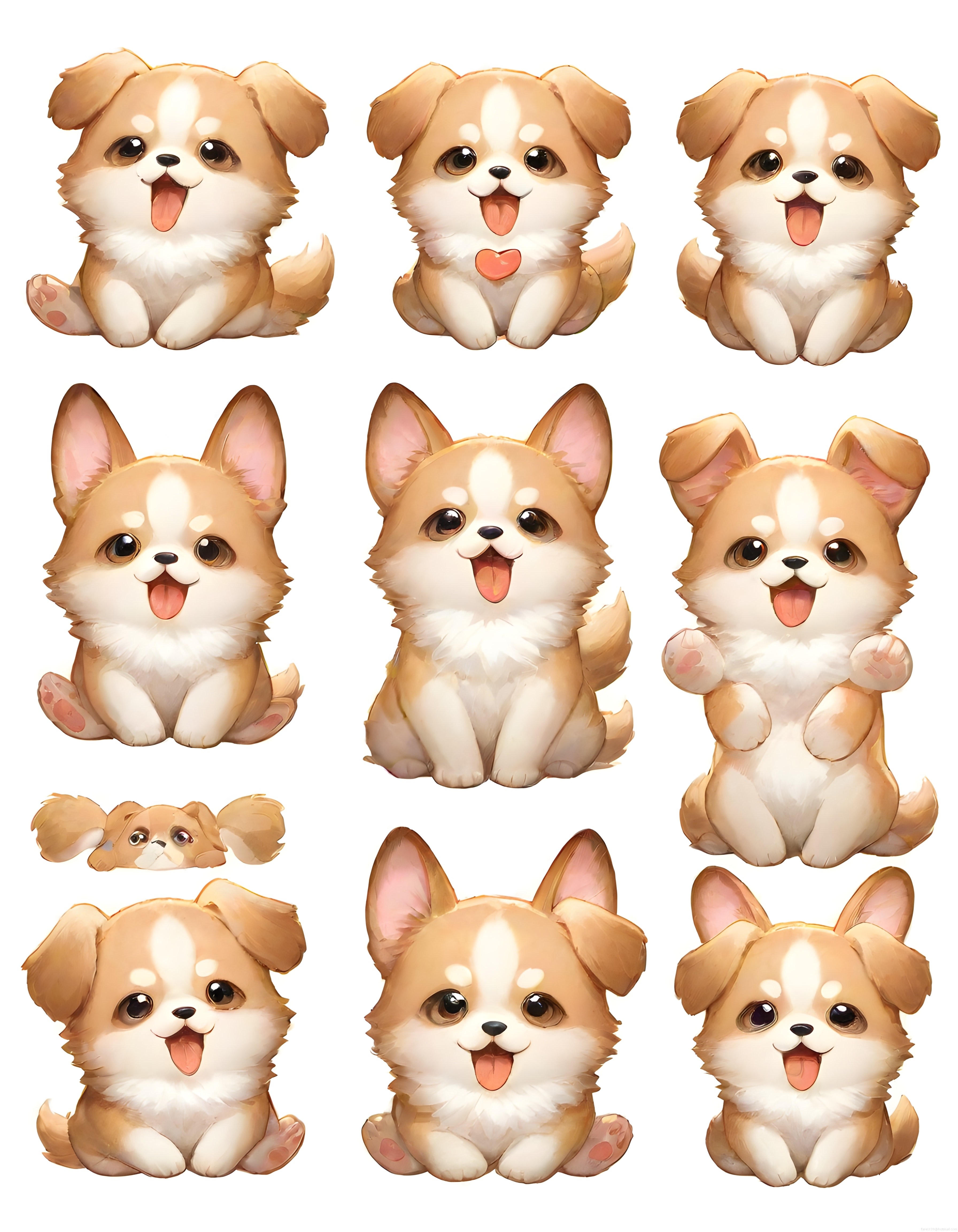 Sevimli Yavru Köpek Dijital Çizim Seti: Peluş Oyuncak Tarzı Kawaii Köpek Yavruları