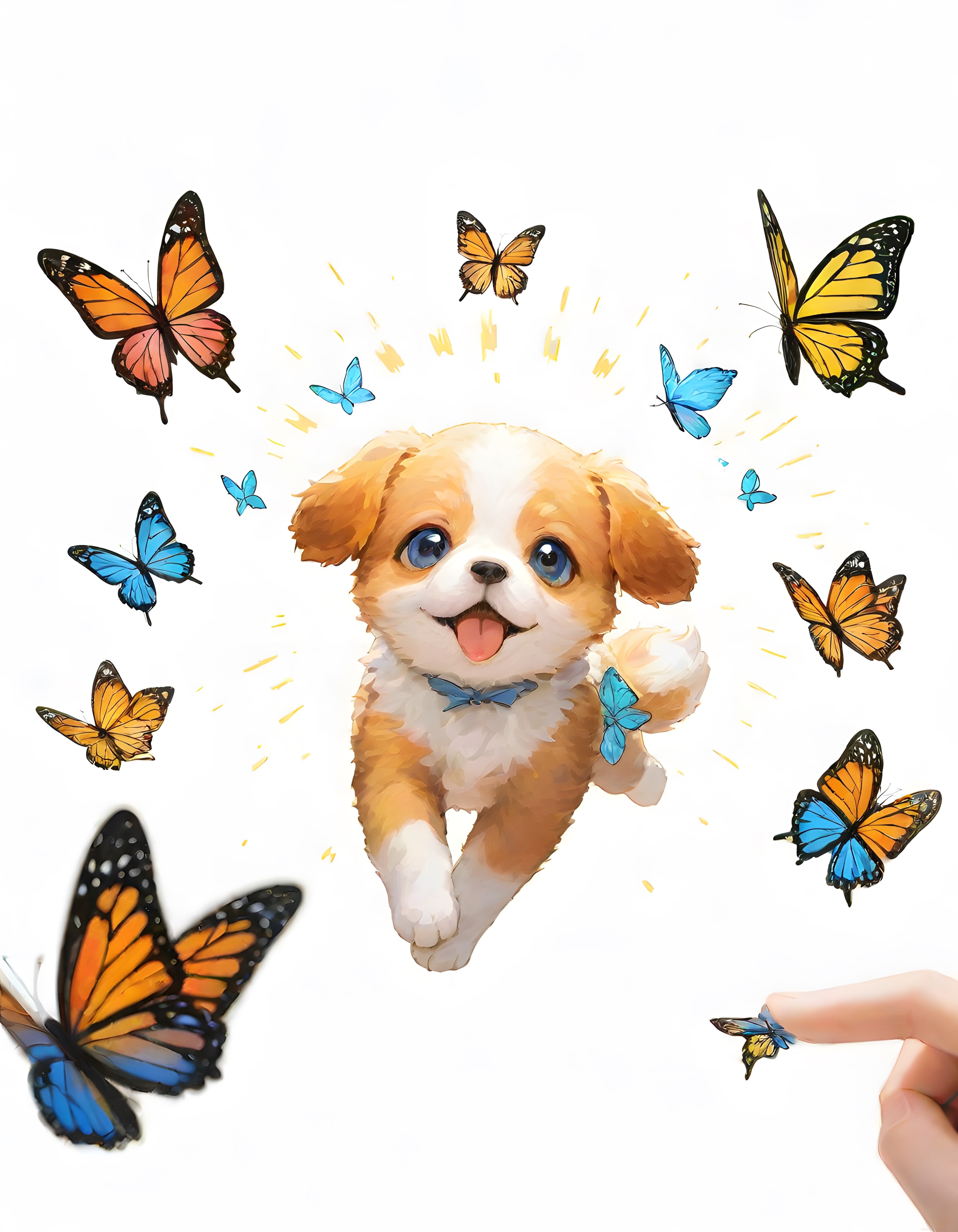 Sevimli yavru köpek ve renkli kelebeklerin dans ettiği dijital illüstrasyon