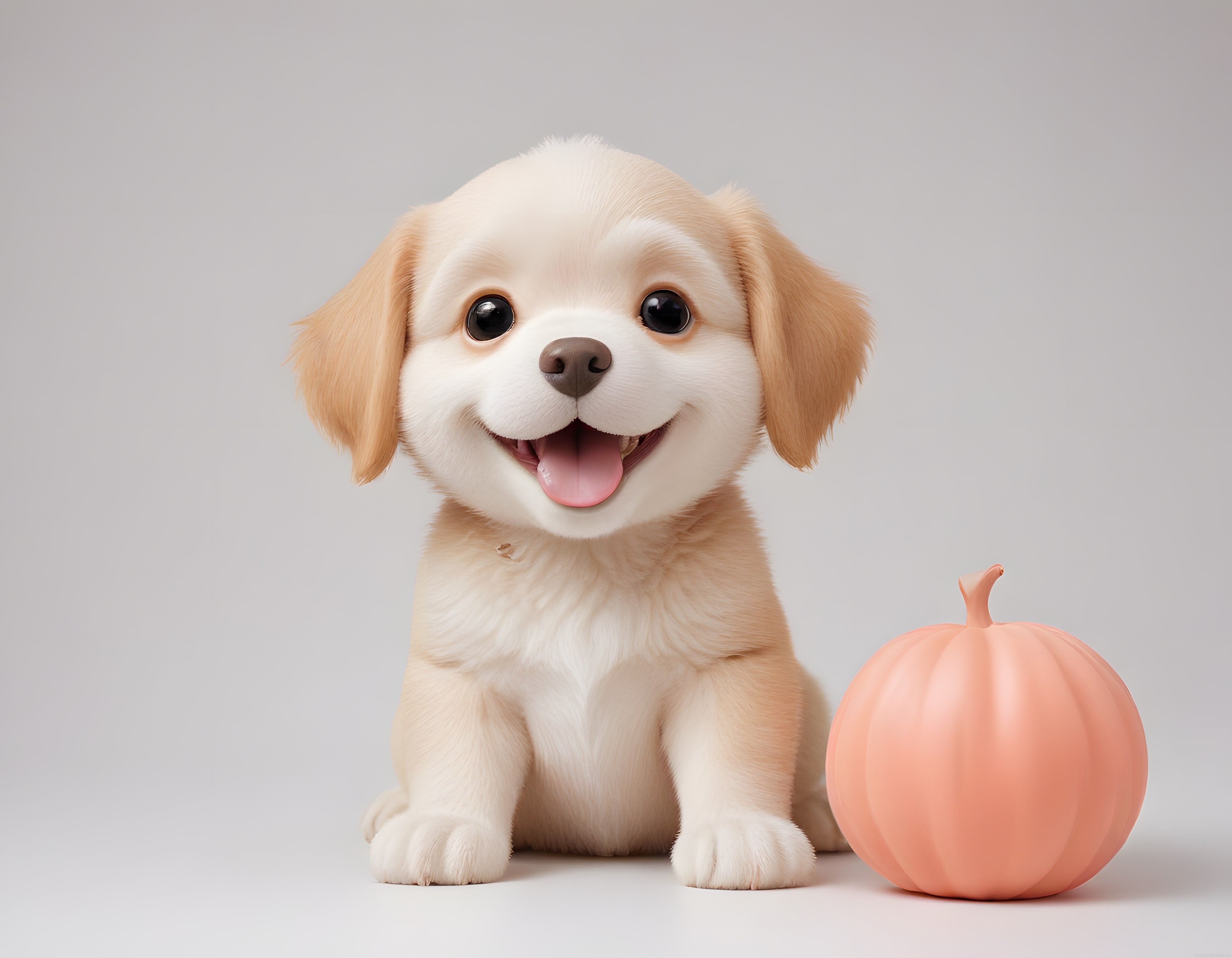 Sevimli yavru köpek ve yanındaki kabak ile pastel renkli stüdyo portresi