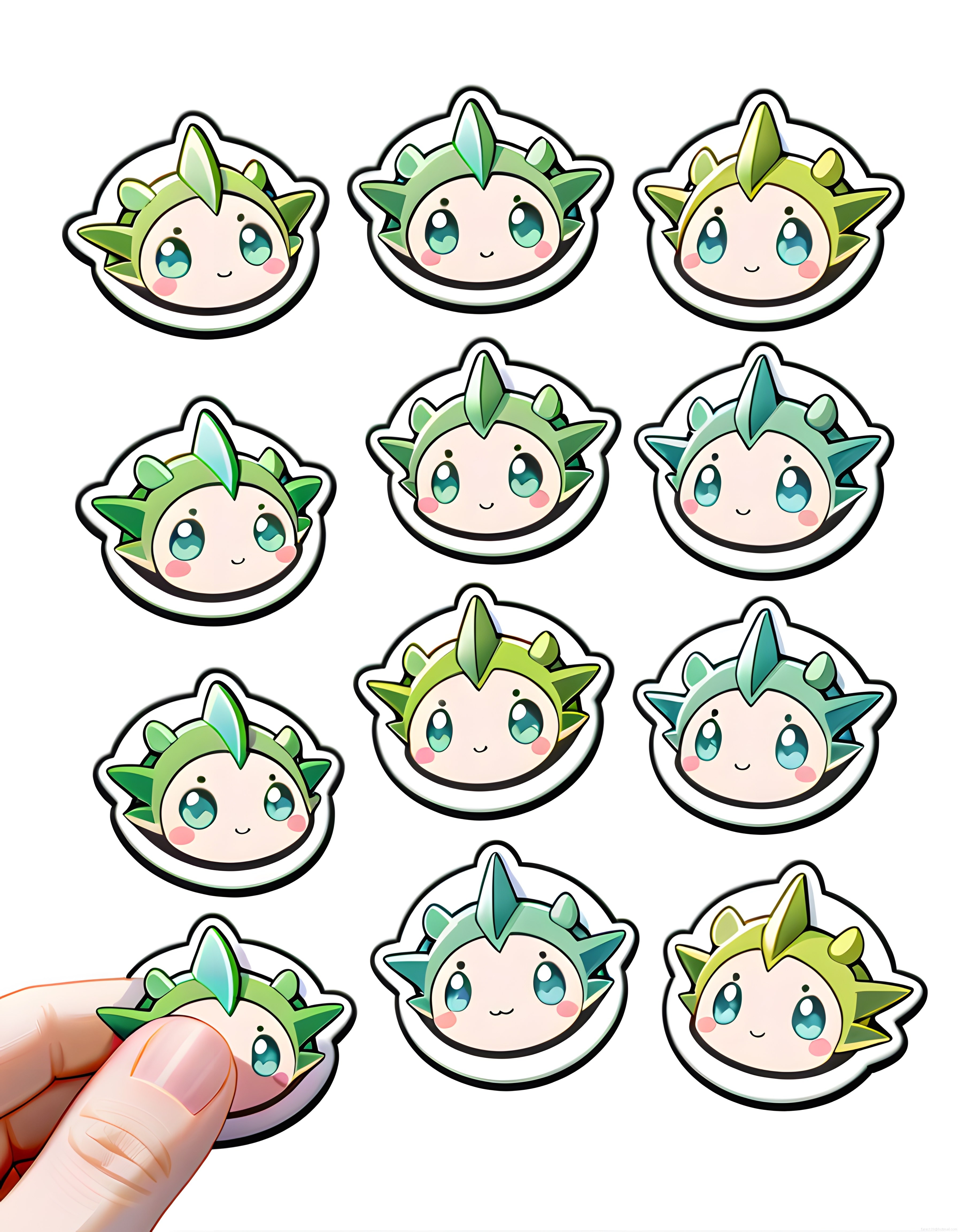 Sevimli yeşil anime karakteri sticker koleksiyonu ve etiket tasarımları