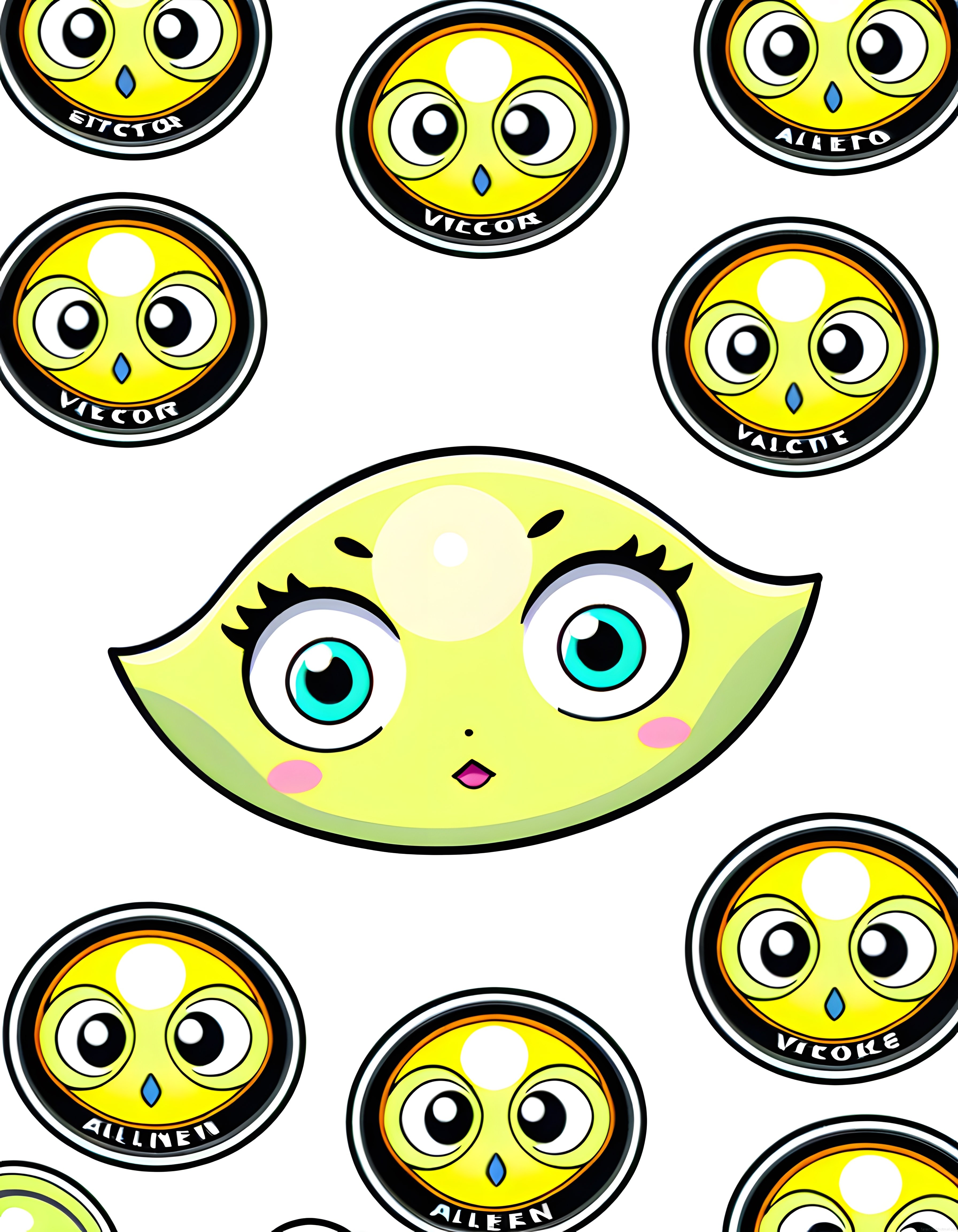 sevimli yeşil anime maskot yüzü ve vector tarzı sarı dijital logo desenleri