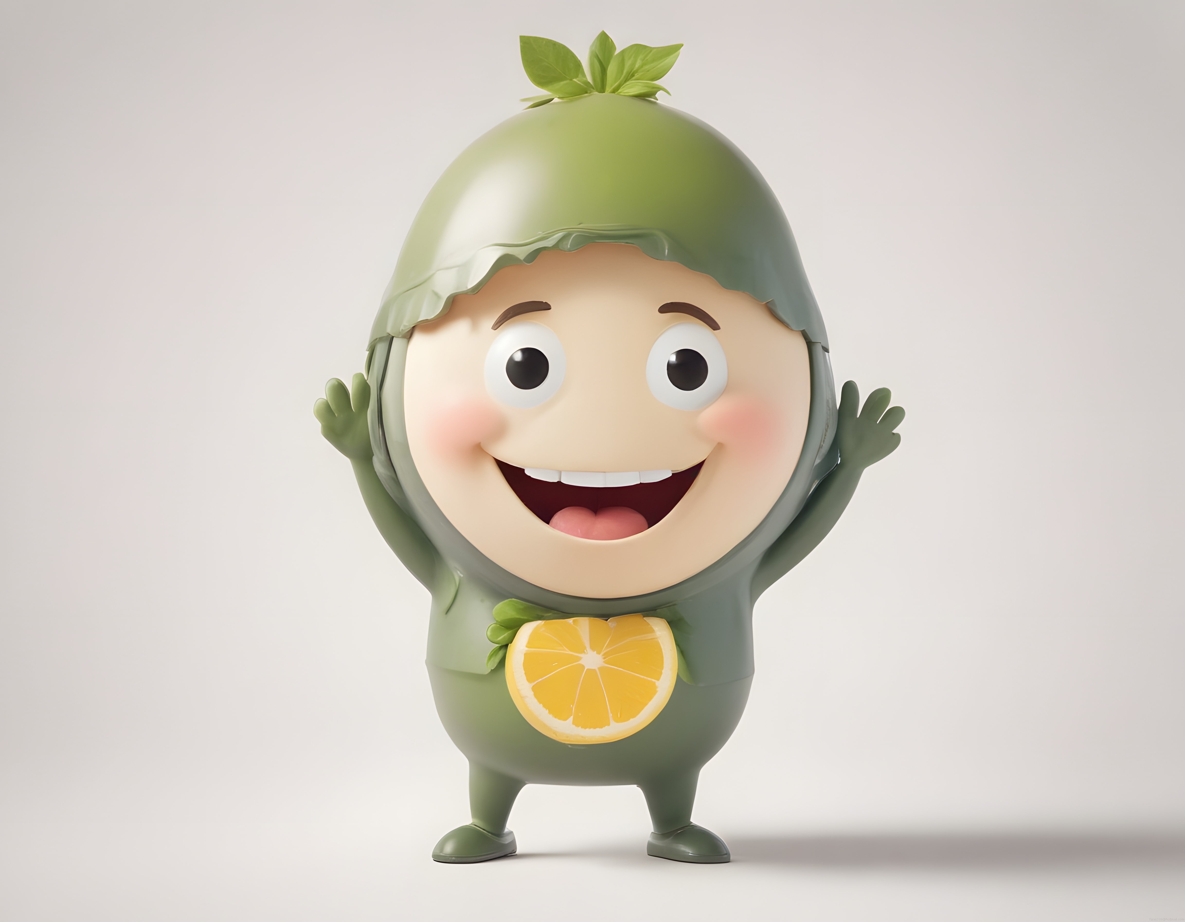 Sevimli Yeşil Bitki Temalı 3D Maskot Karakter ve Göğüsündeki Turuncu Dilim