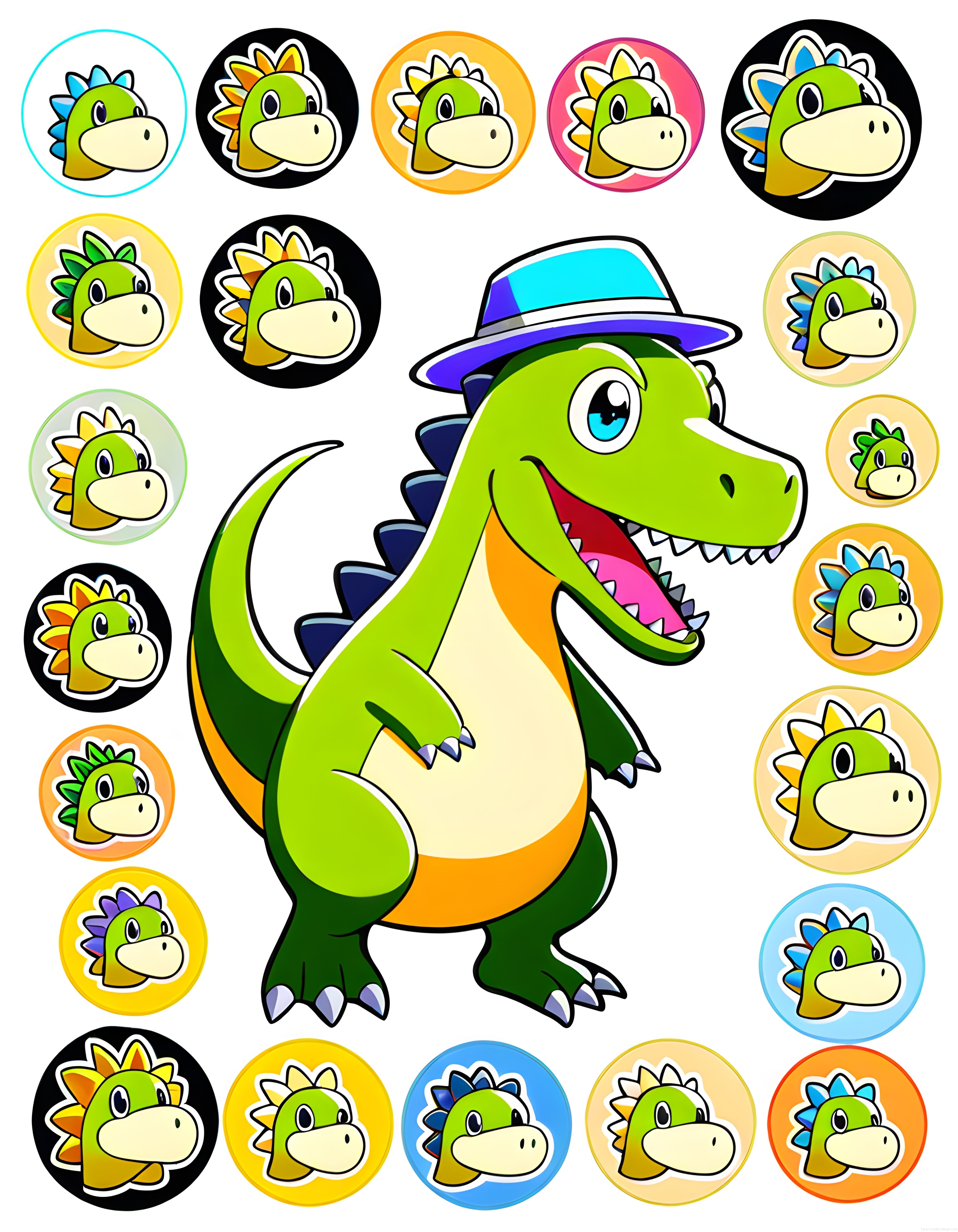Sevimli Yeşil Dinozor Maskot ve Renkli Avatar İkon Koleksiyonu Çizimi