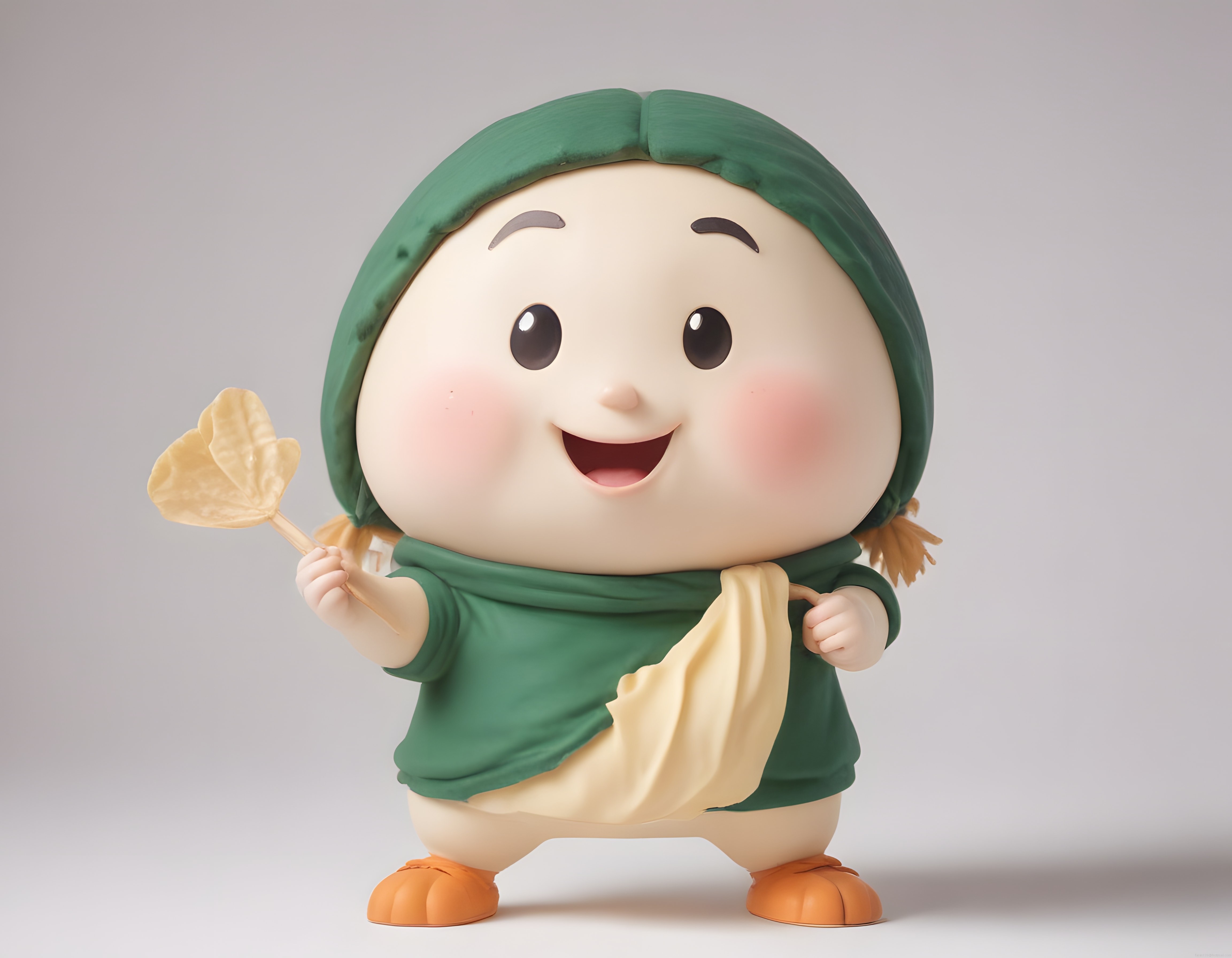 sevimli yeşil kıyafetli 3d animasyon karakteri yaprak tutan maskot figür