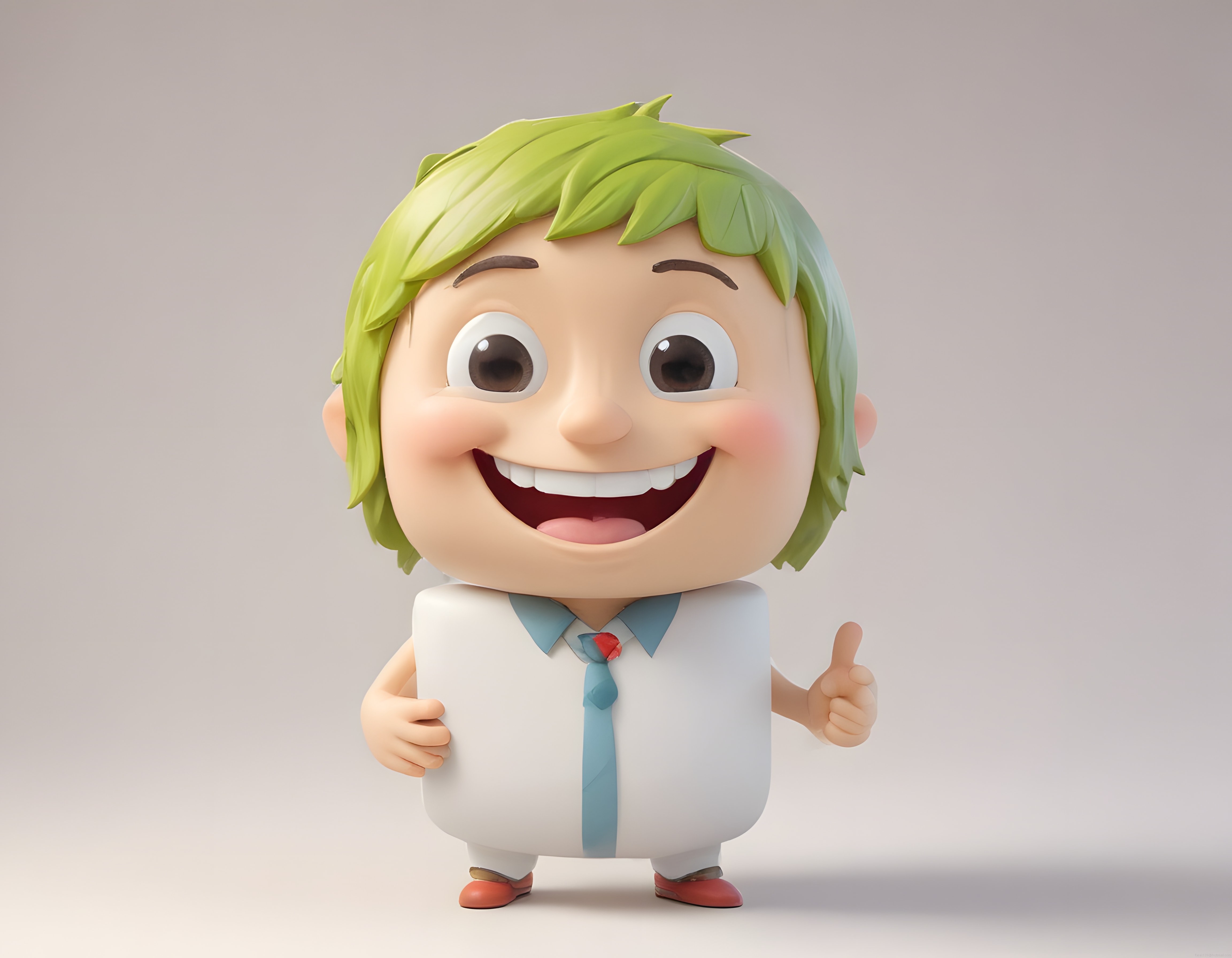 sevimli yeşil saçlı 3d animasyon karakteri neşeyle başparmak yukarı yapıyor