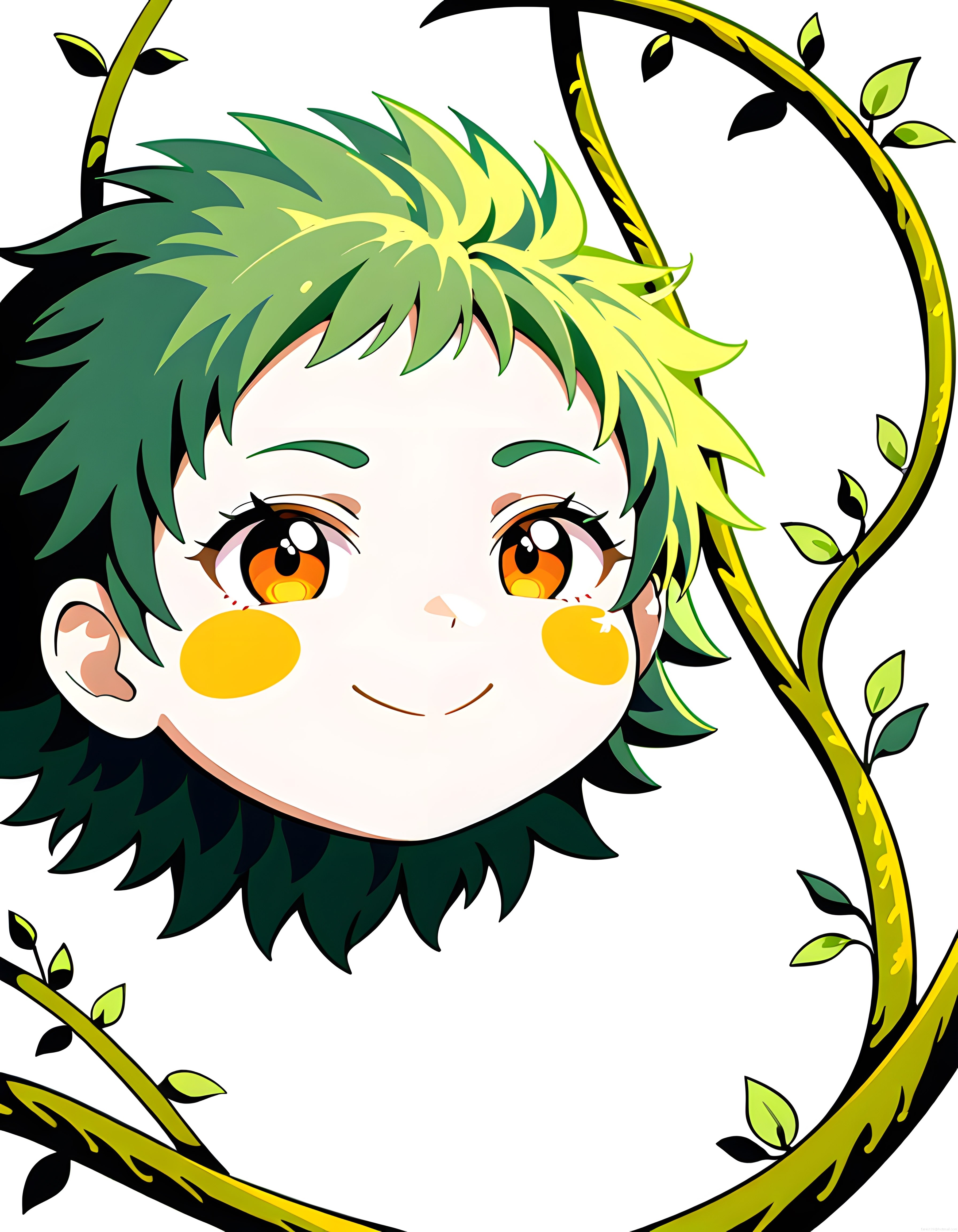 Sevimli Yeşil Saçlı Anime Çocuk ve Doğal Yapraklı Çerçeve Dijital Sanat
