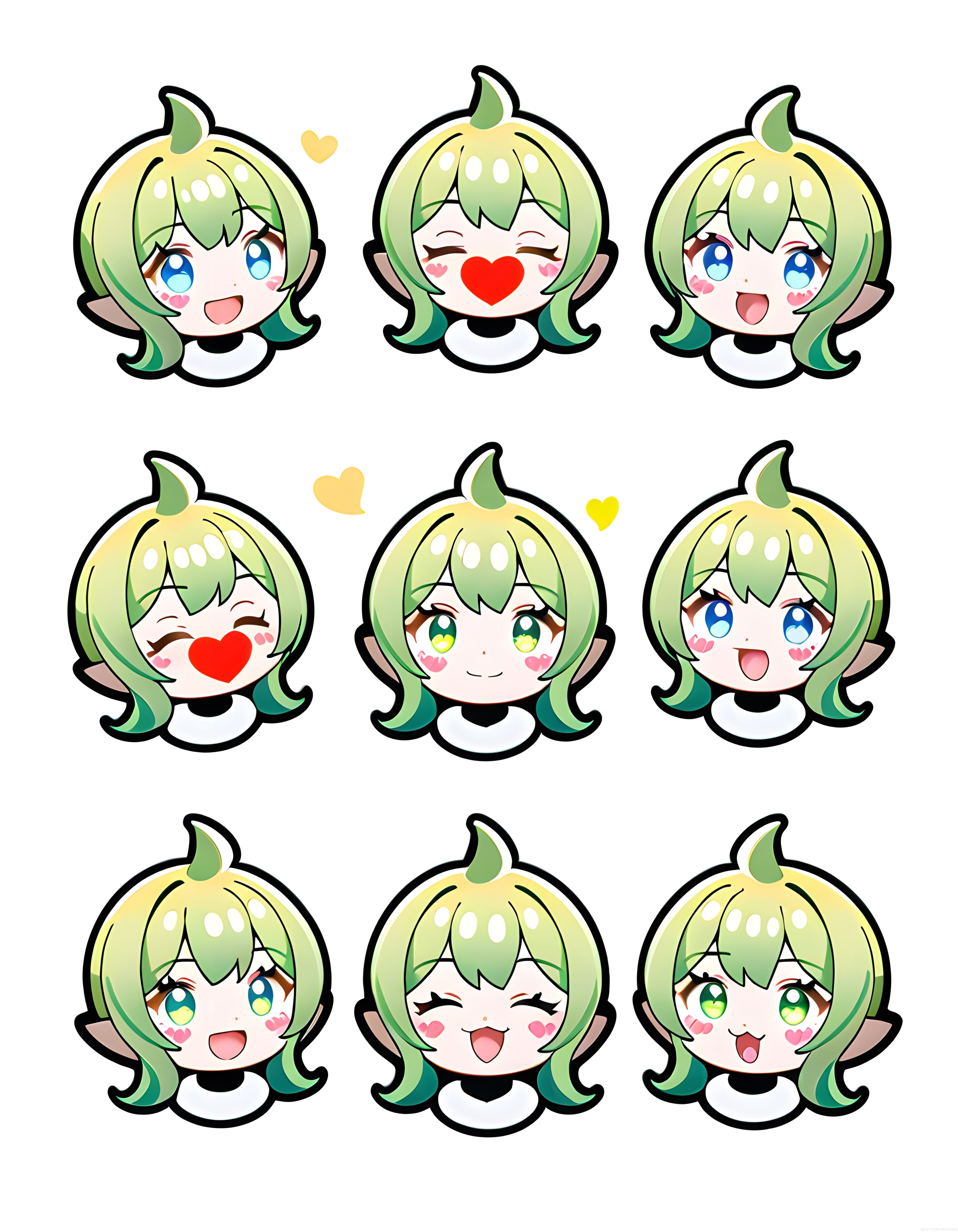 Sevimli Yeşil Saçlı Elf Kız Chibi Anime Sticker ve Dijital Emoji İfade Seti