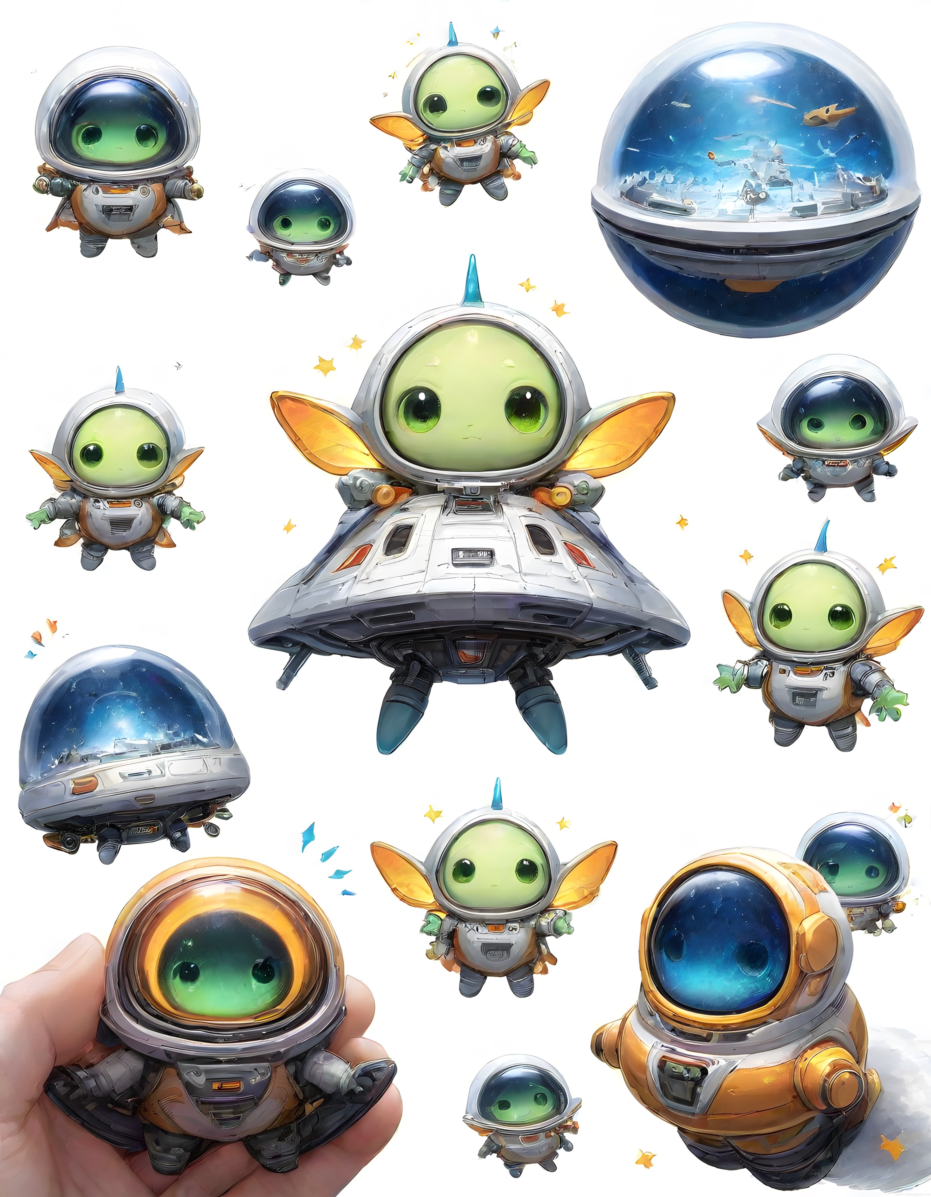 Sevimli Yeşil Uzaylılar ve UFO ile Fantastik Karakter Tasarımları
