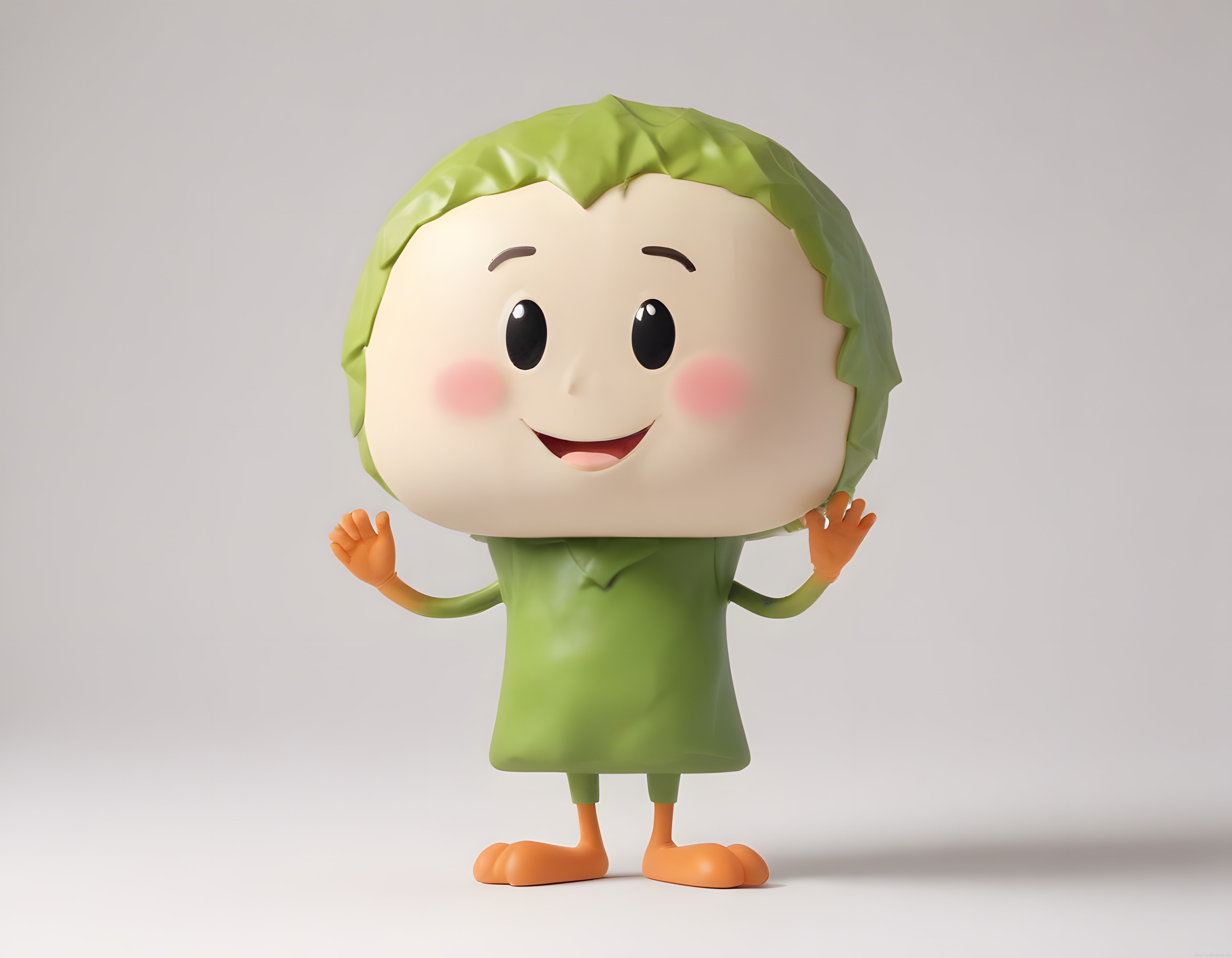 Sevimli Yeşil Yapraklı 3D Chibi Karakter: Mutlu Sebze Temalı Animasyon Figürü