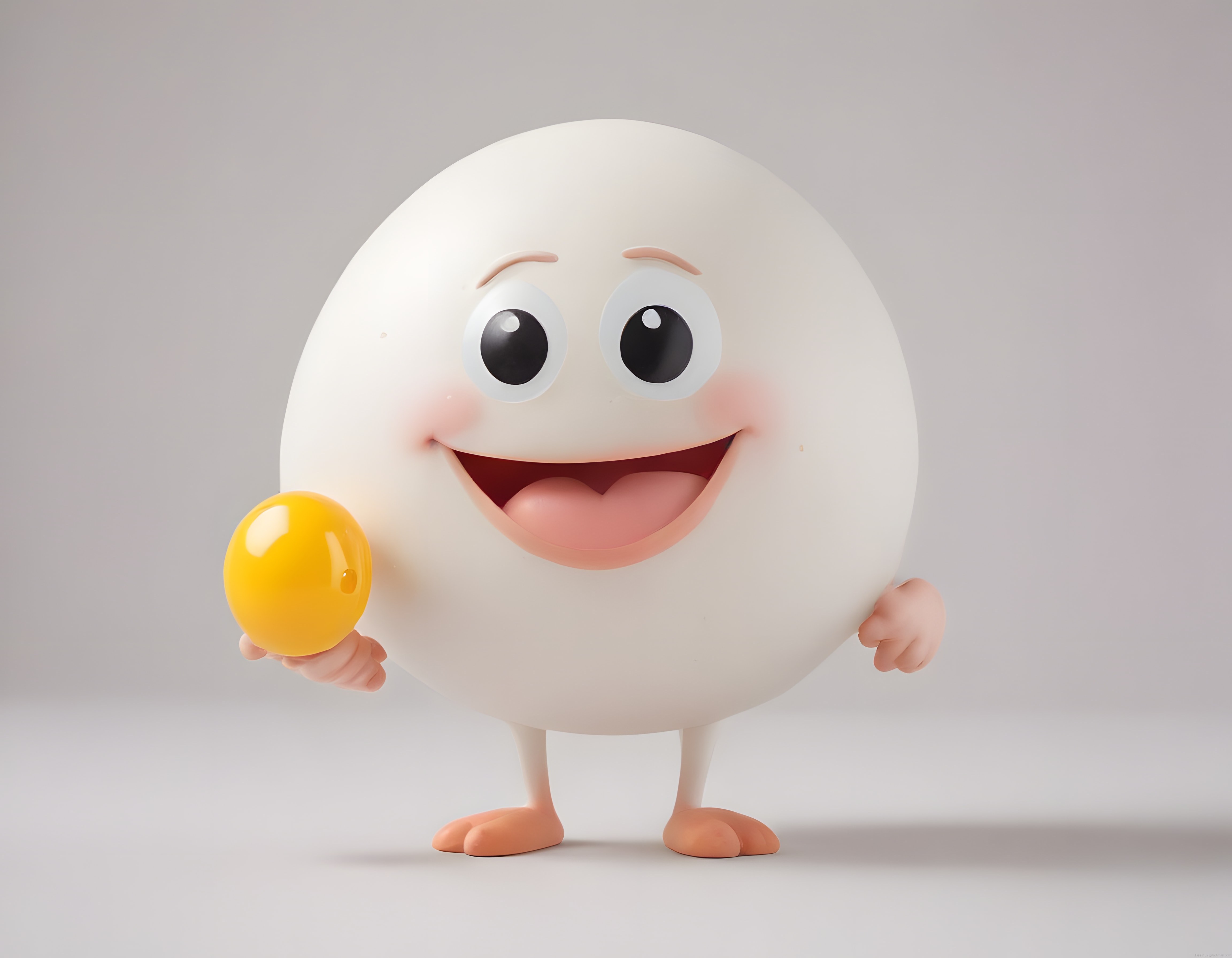 Sevimli Yumurta Karakteri: Gülümseyen 3D Animasyon Maskotu Sarı Topu Tutarken