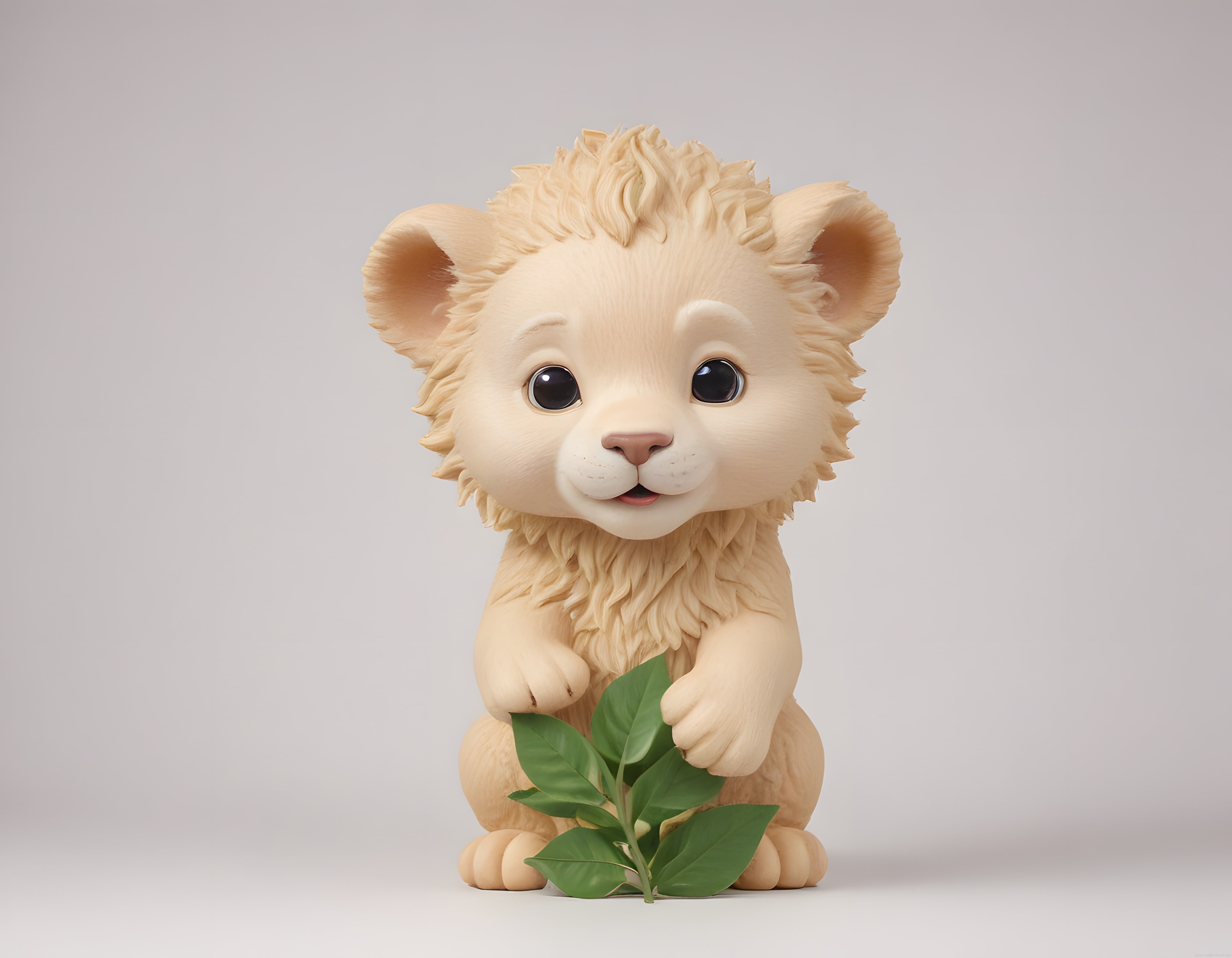 Sevimli yumuşak tüylü 3D bebek aslan karakteri önünde yapraklarla poz veriyor