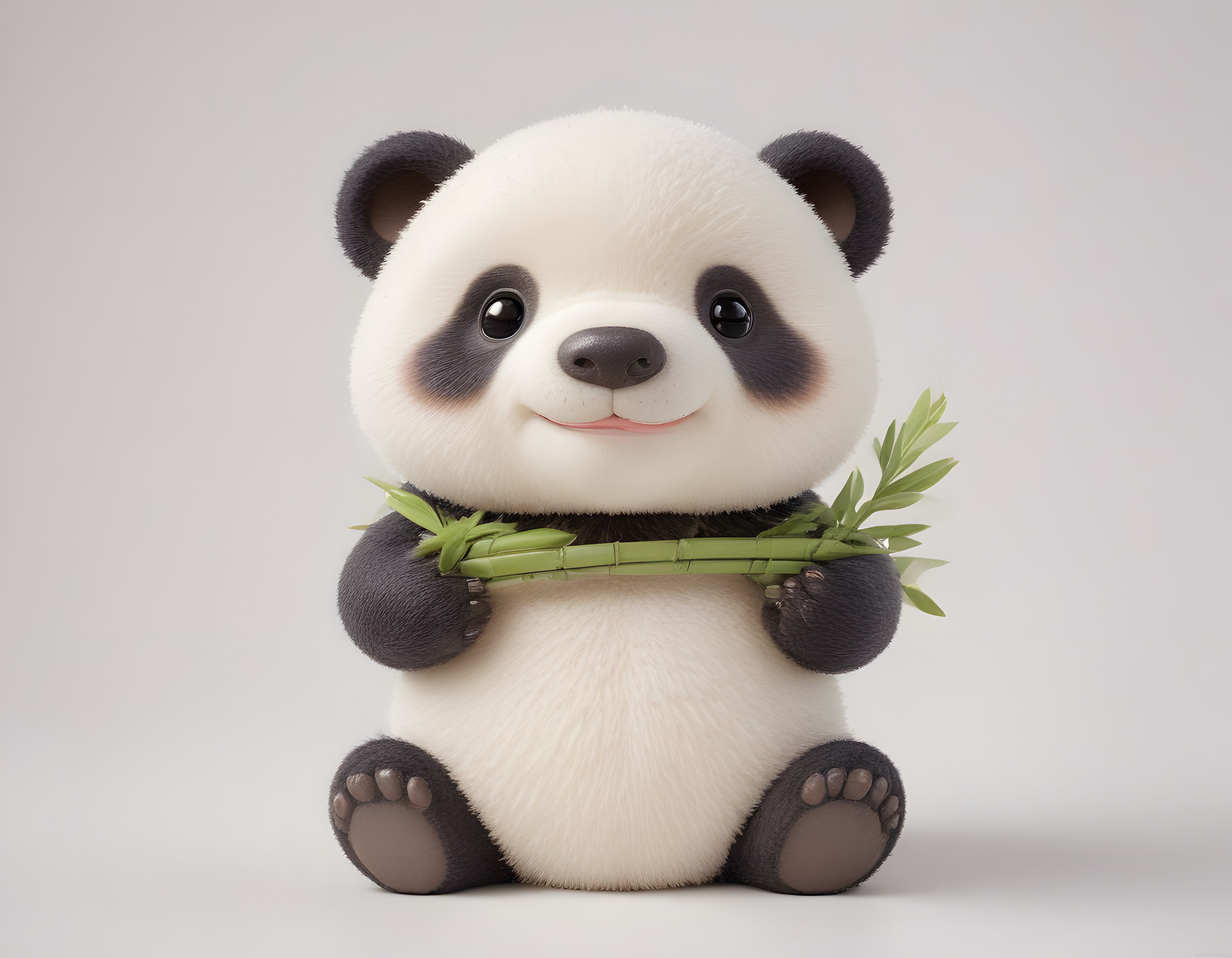 Sevimli Yumuşak Tüylü Bebek Panda Karakteri Bambu Tutarken 3D Render Görsel