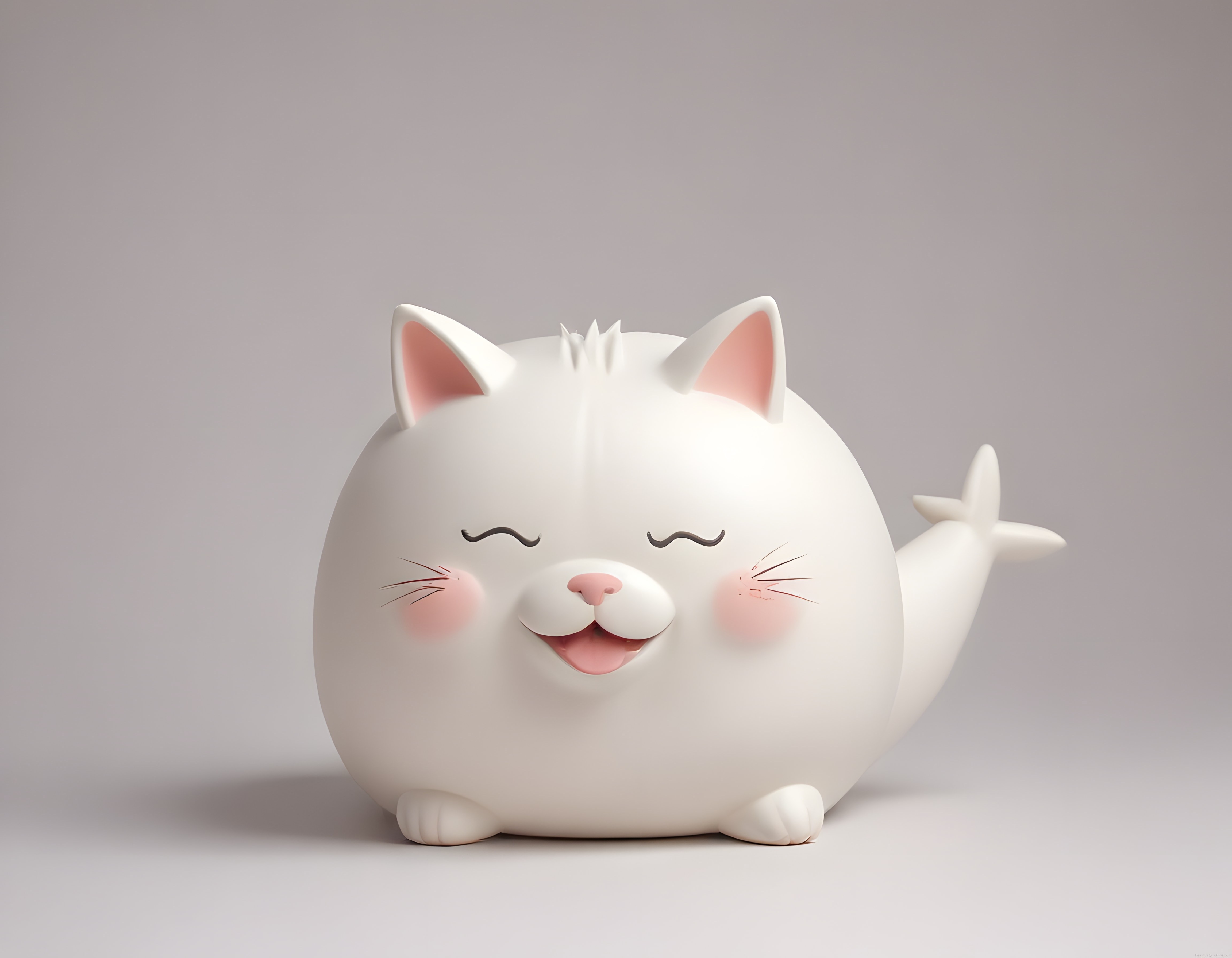 Sevimli Yuvarlak Beyaz 3D Kedi Karakteri: Balık Kuyruklu ve Pembe Yanaklı