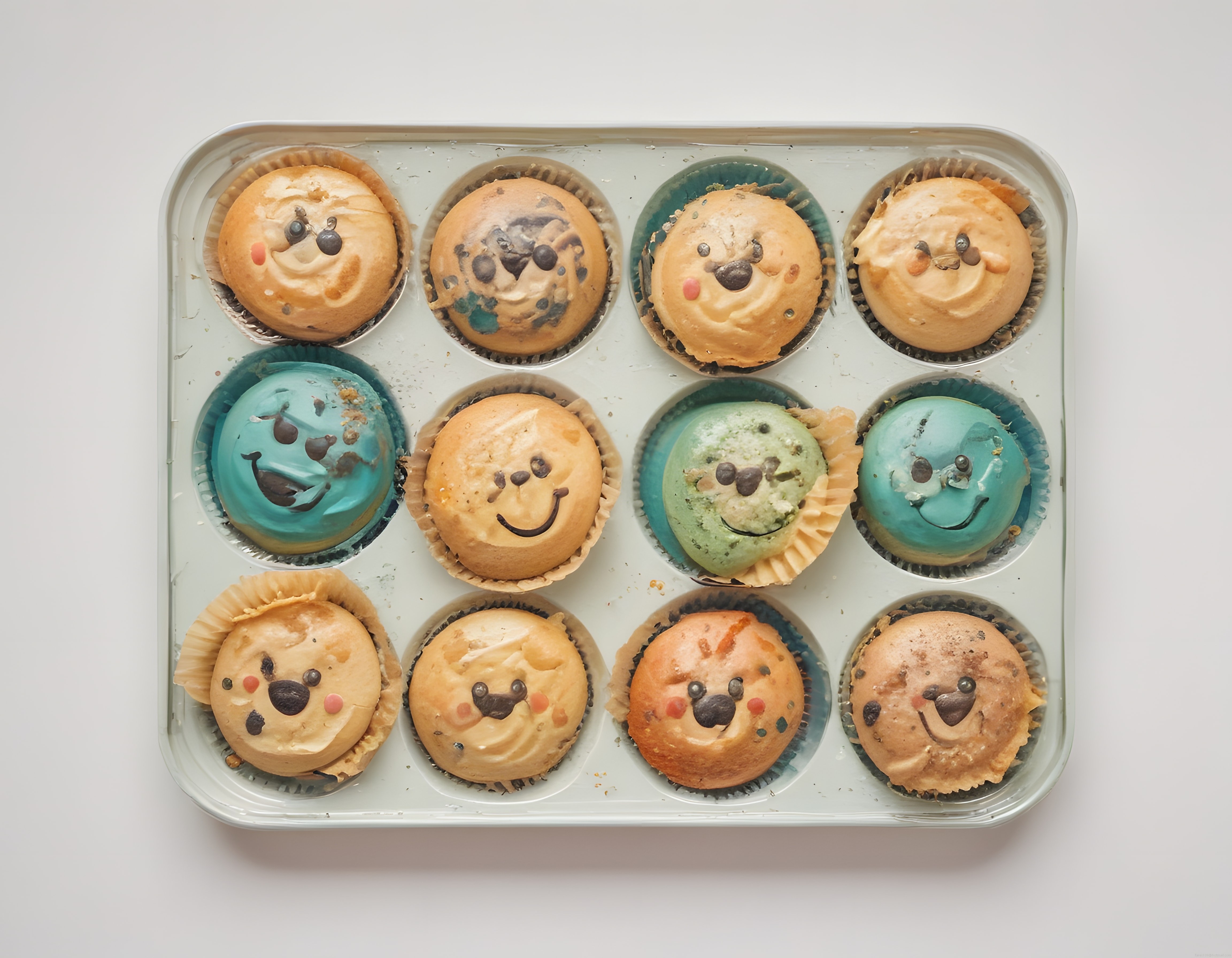 Sevimli yüz çizimleriyle süslenmiş renkli cupcake ve muffin tepsisi
