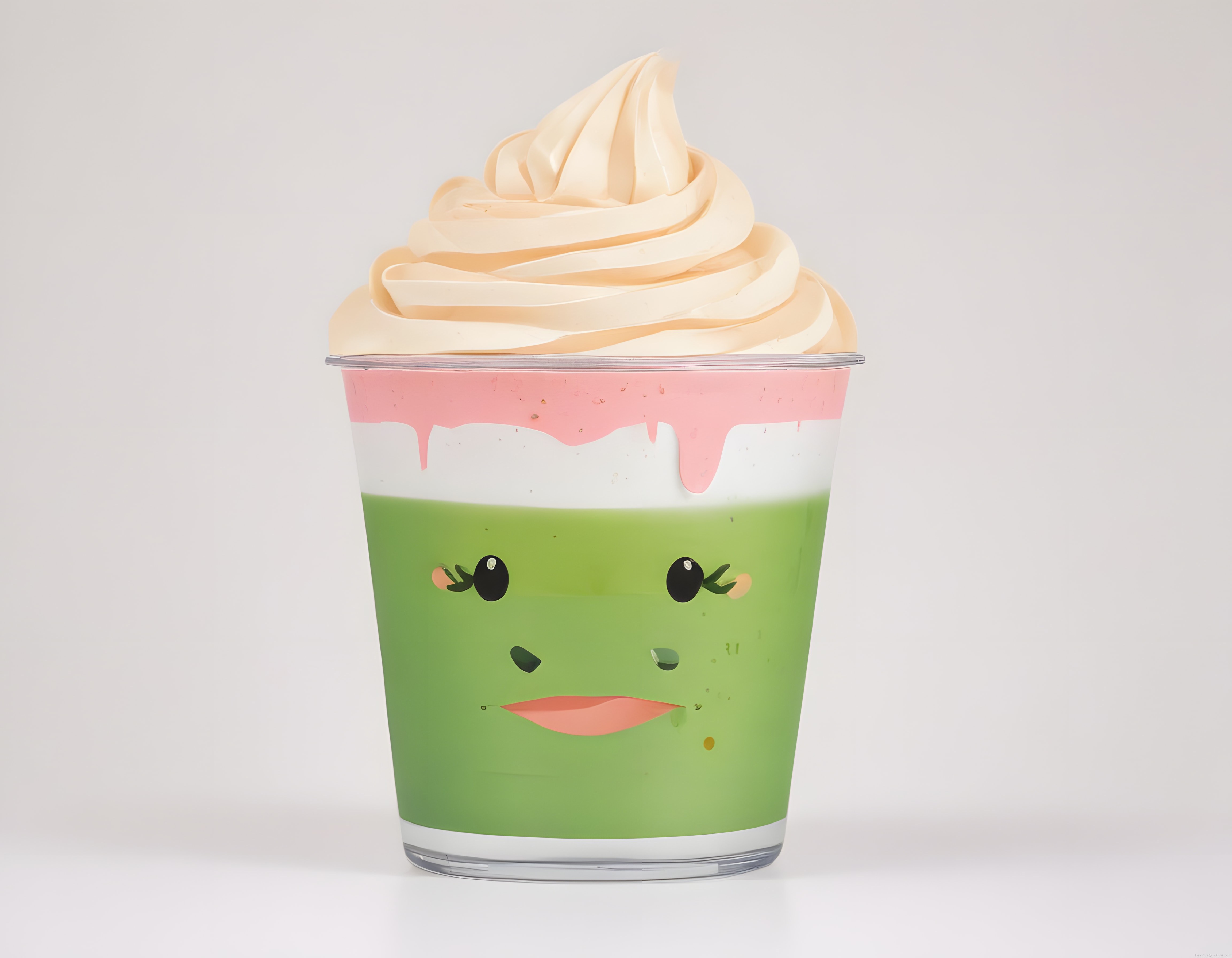 Sevimli Yüz Desenli Yeşil Matcha Latte ve Krema Süslemeli İçecek