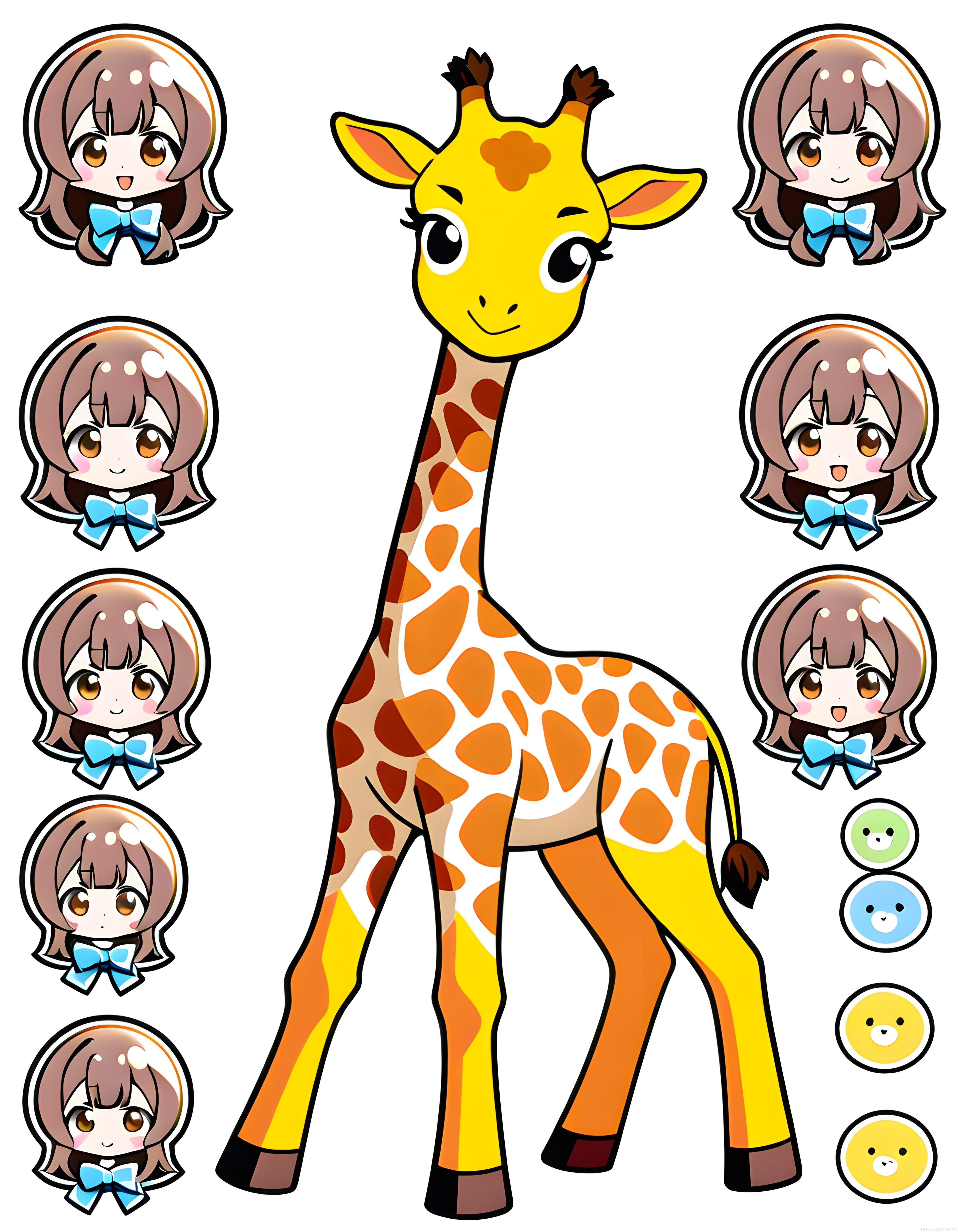 Sevimli Zürafa ve Anime Kız İfadeleriyle Renkli Kawaii Dijital Sticker Seti