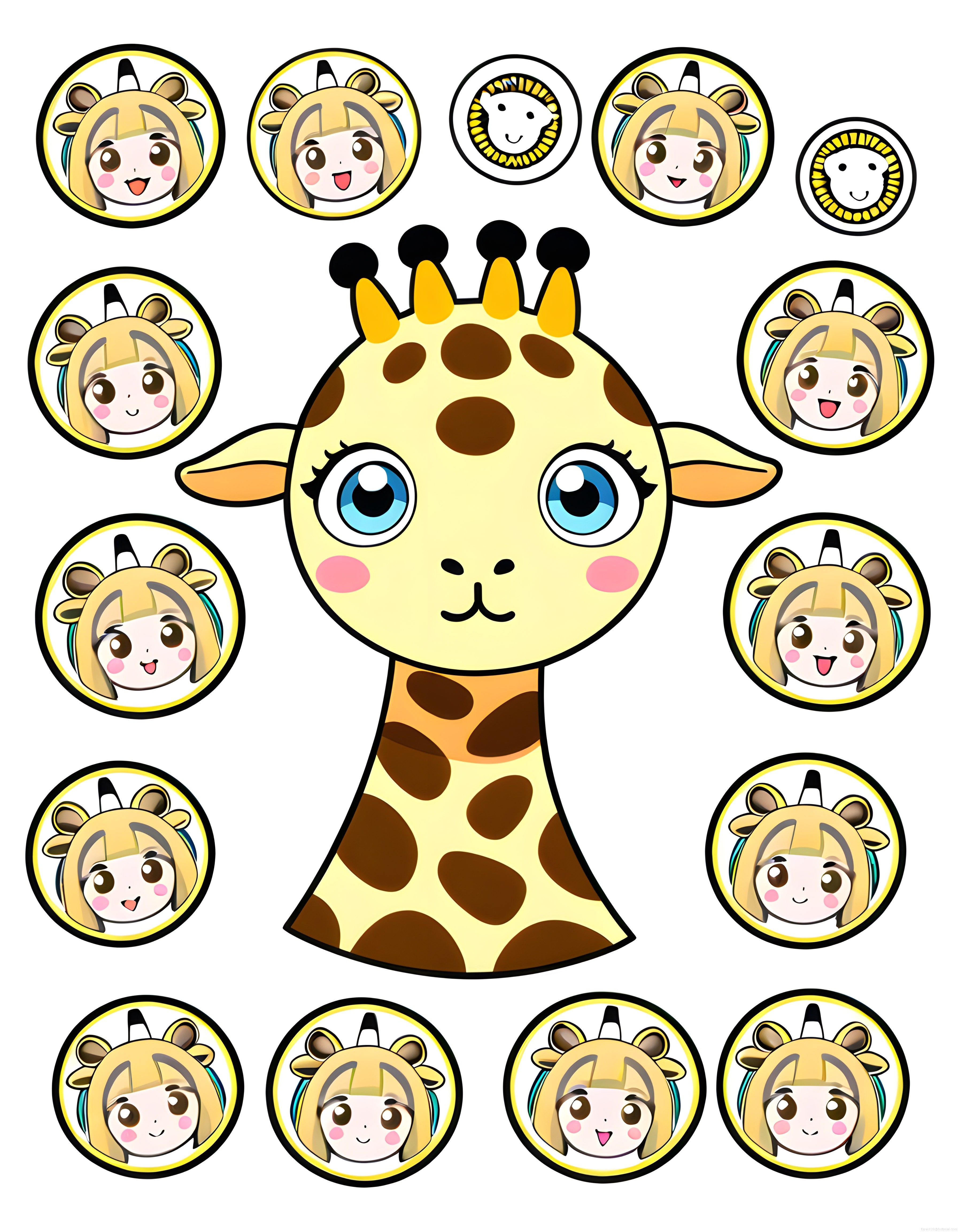 Sevimli Zürafa ve Chibi Kız Karakterlerinden Oluşan Animasyon Çıkartma Seti