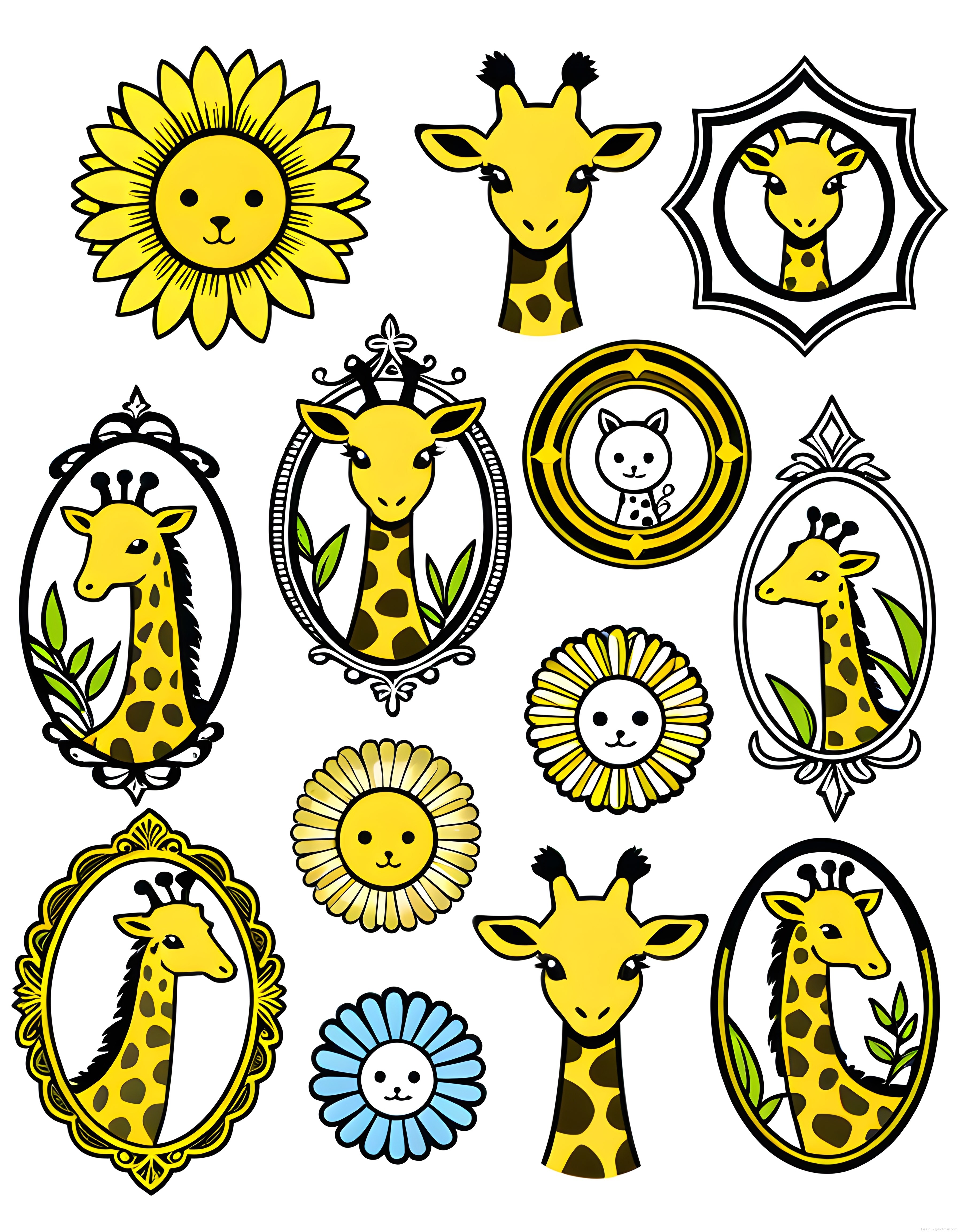 Sevimli Zürafa ve Çiçek Karakterleri: Çocuk Odası Vektör Sticker Seti