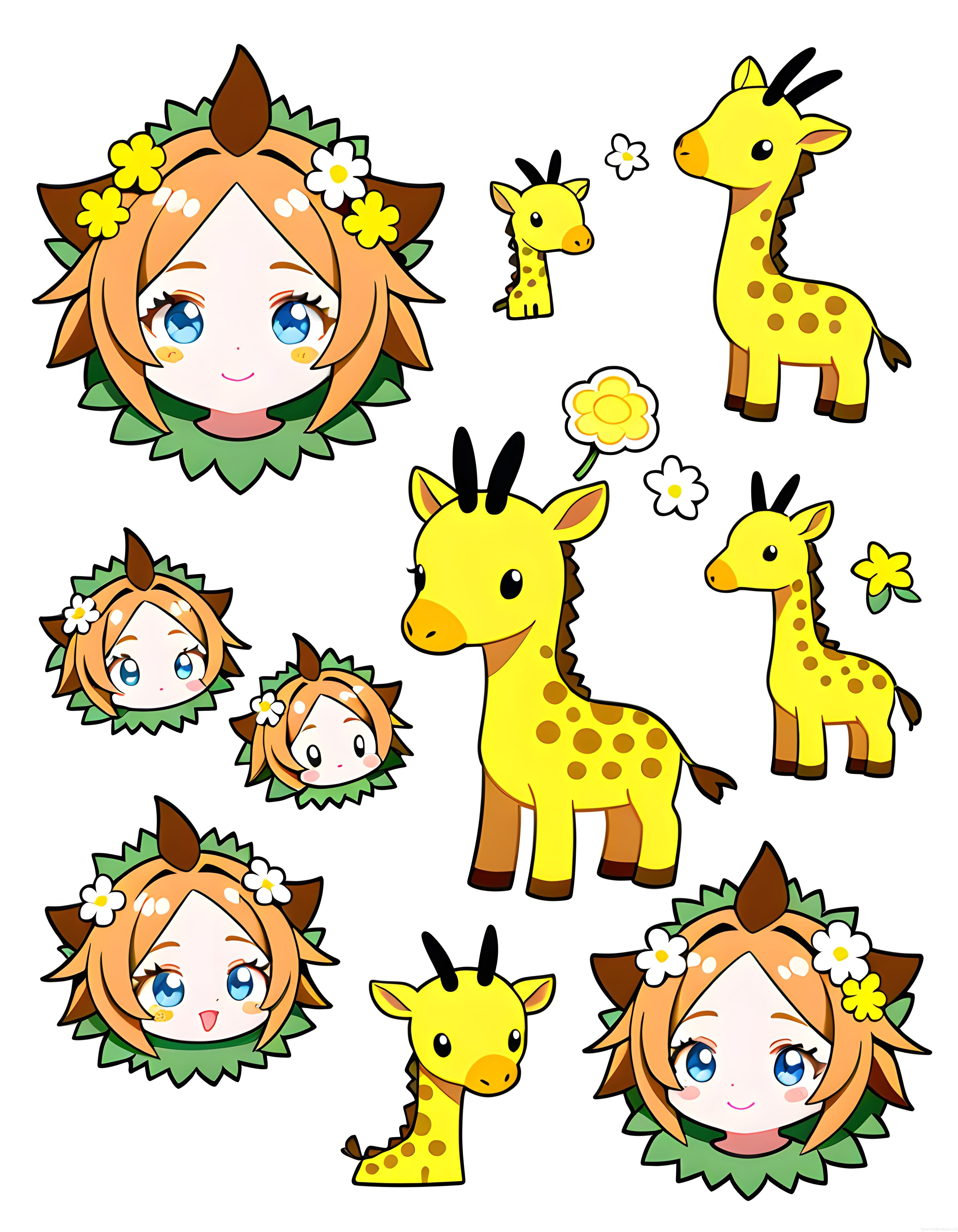 Sevimli Zürafa ve Çiçekli Anime Kız Çizgi Film Karakteri Sticker Paketi