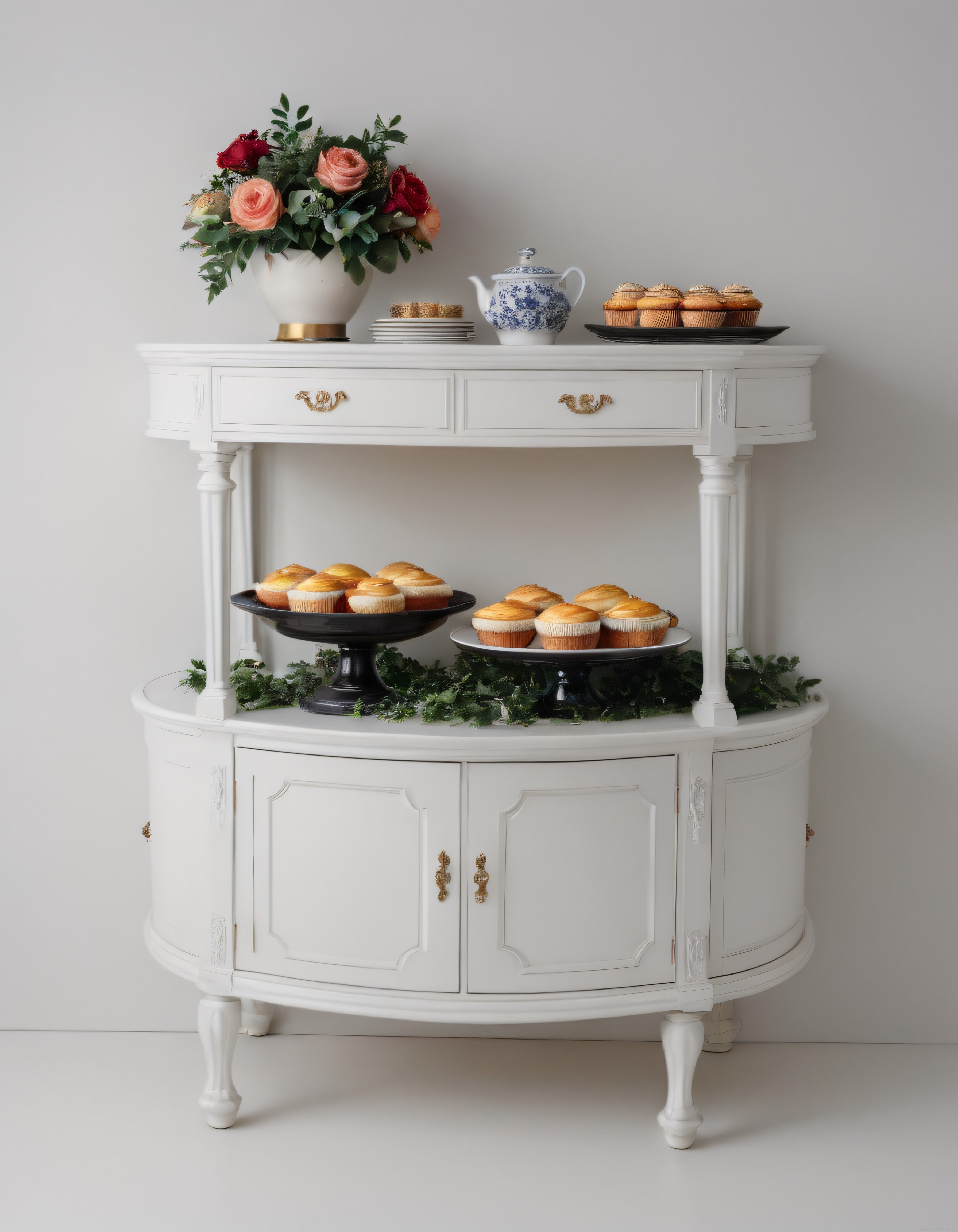 Shabby Chic Tarzı Beyaz Konsolda Cupcake Sunumu ve Çiçekli Dekorasyon