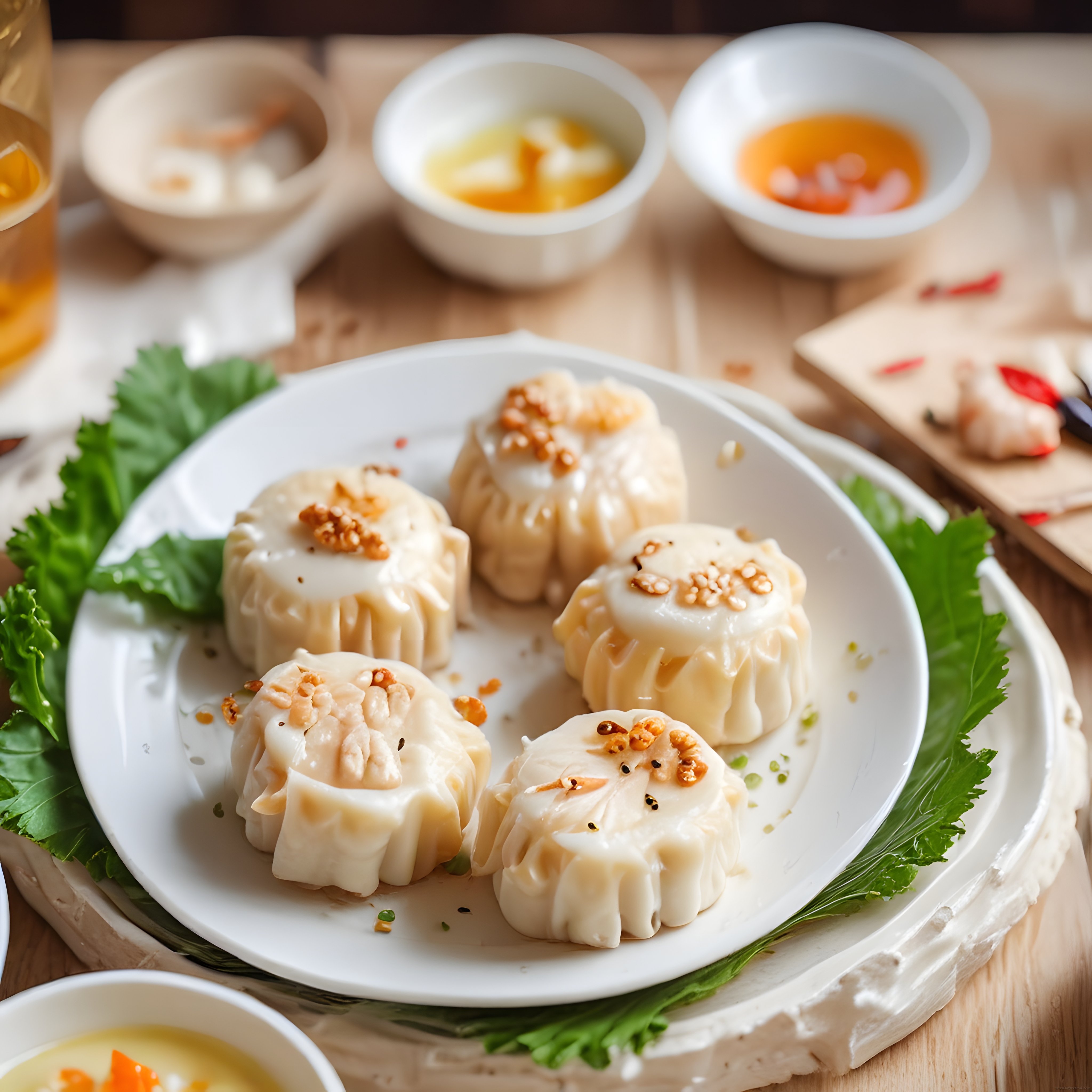 Shumai Çin Mantısı Sunumu: Buharda Pişmiş Taze Mantılar ve Dip Soslar