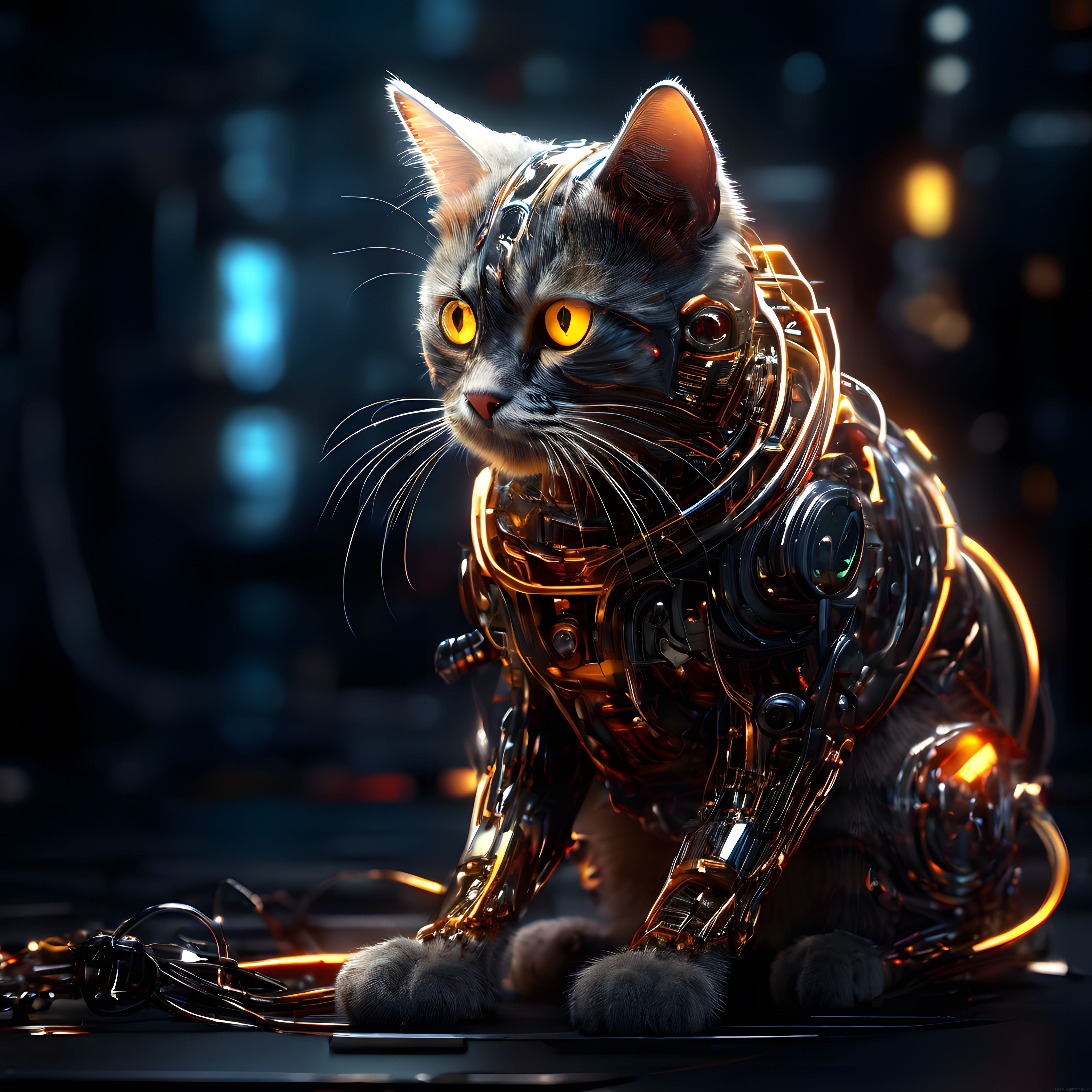Siberpunk tarzında parlayan mekanik detaylı cyborg kedi dijital sanat eseri