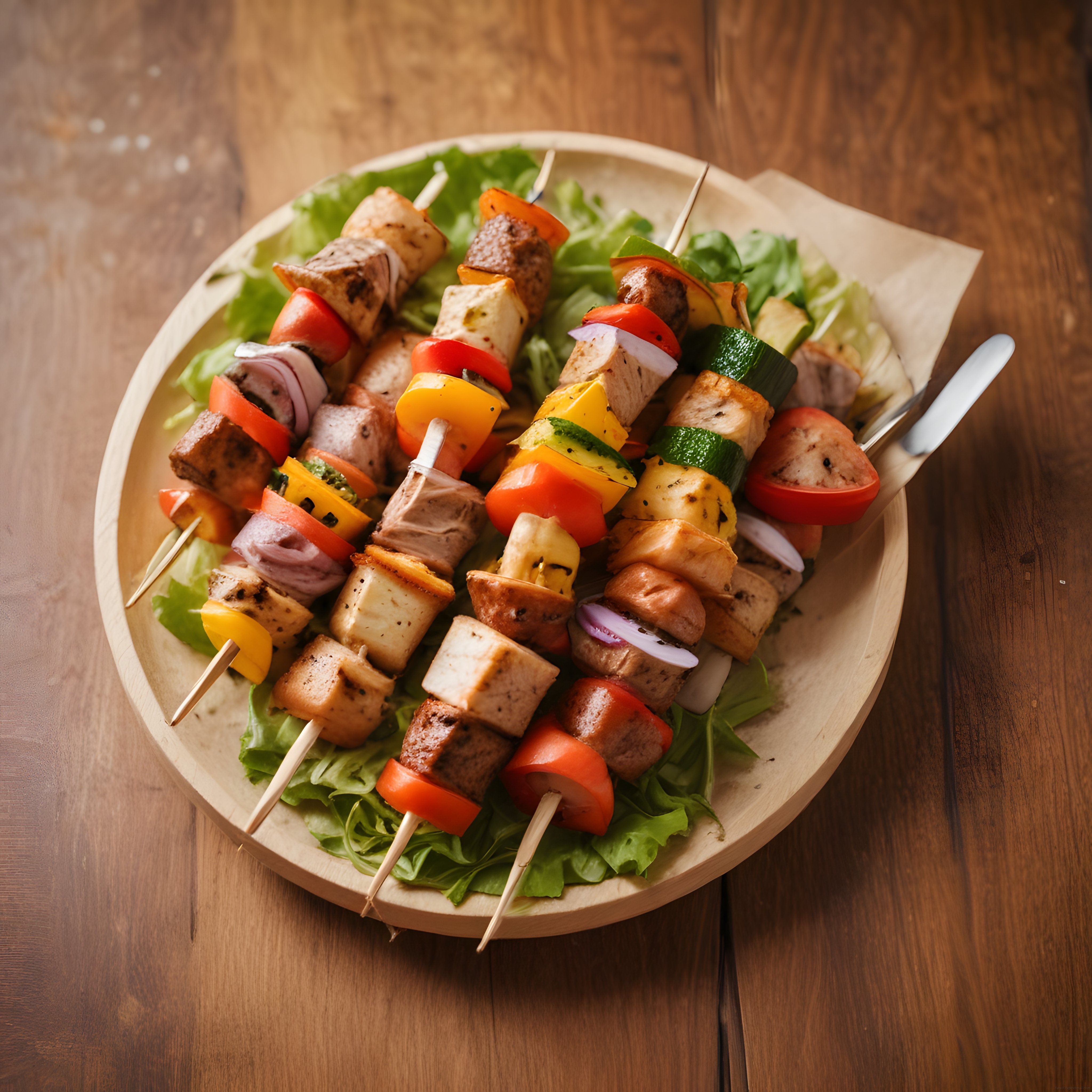 Sıcacık Ahşap Sunumda Renkli Sebzeli Tavuk ve Peynir Şiş Kebap