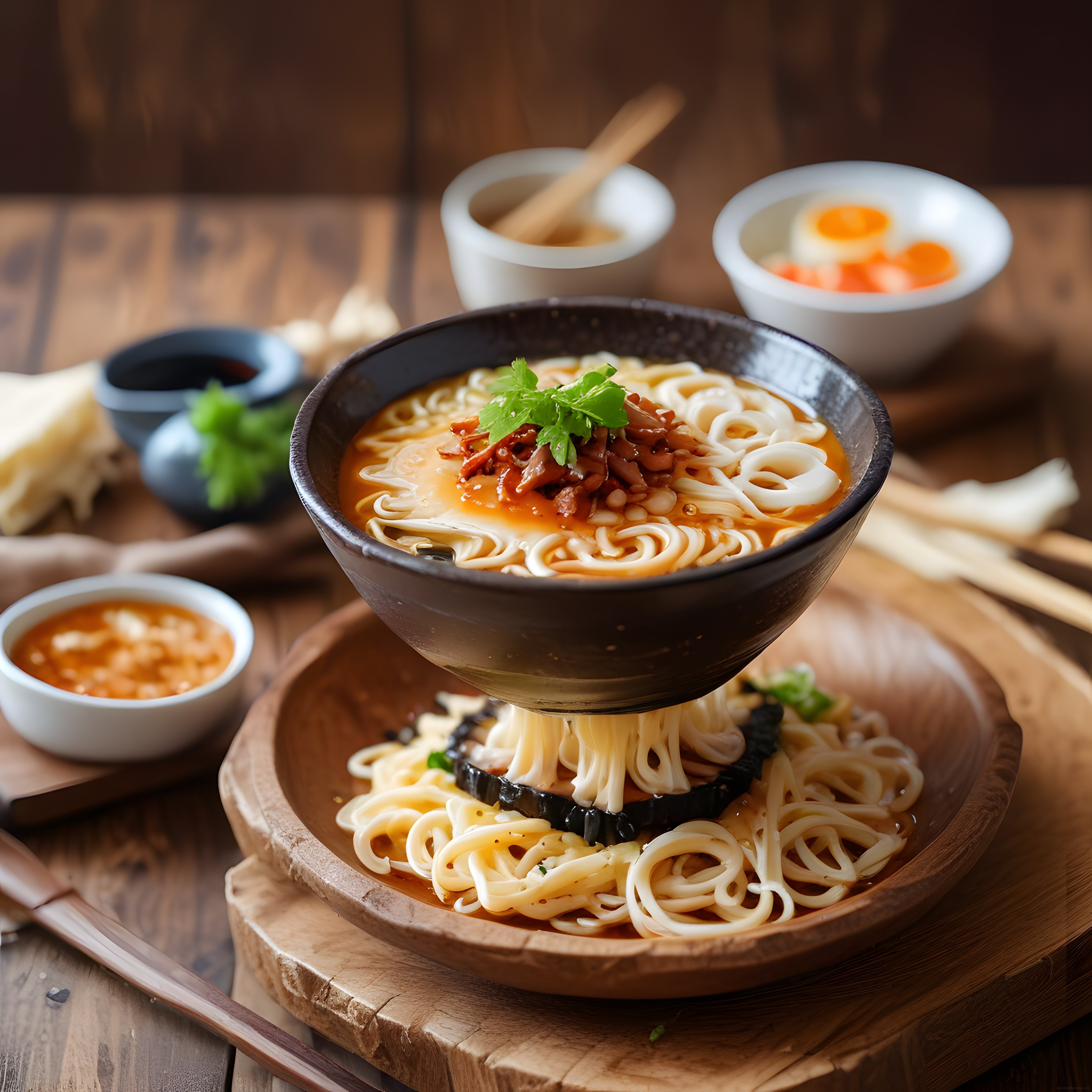 Sıcacık Baharatlı Asya Noodle Çorbası Ahşap Sunum ve Yaratıcı Tabağı
