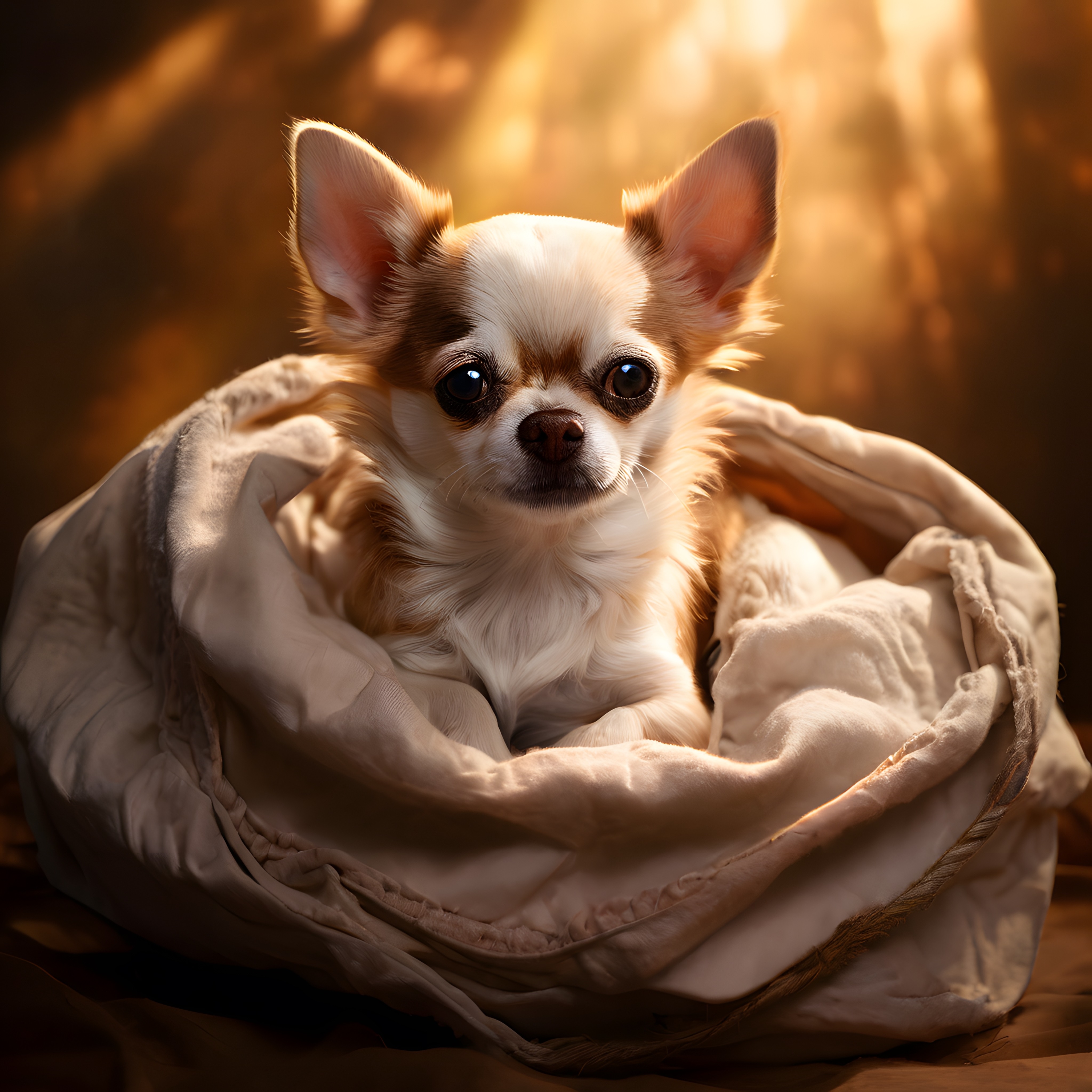 Sıcacık Battaniyeye Sarılı Chihuahua'nın Masum Bakışları ve Büyük Kulakları