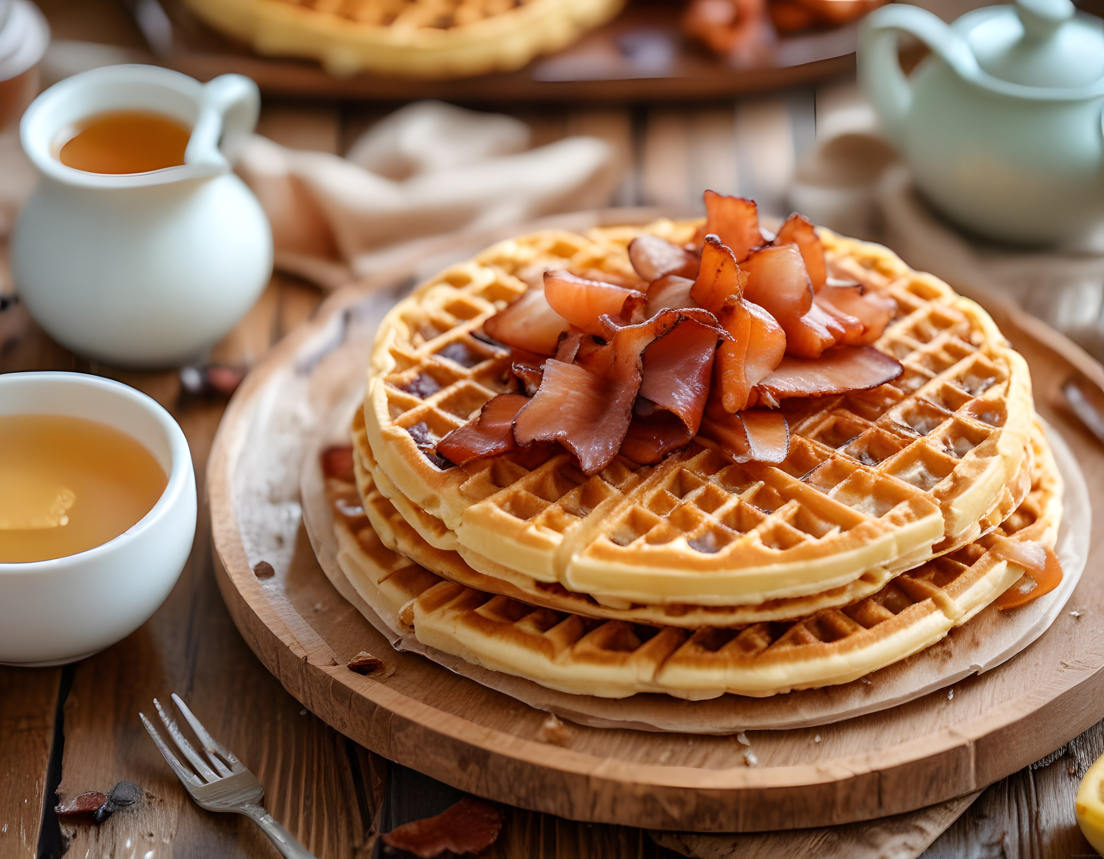 Sıcacık Bekonlu Waffle Kulesi ve Kahvaltı Sofrası İçin Rustik Sunum