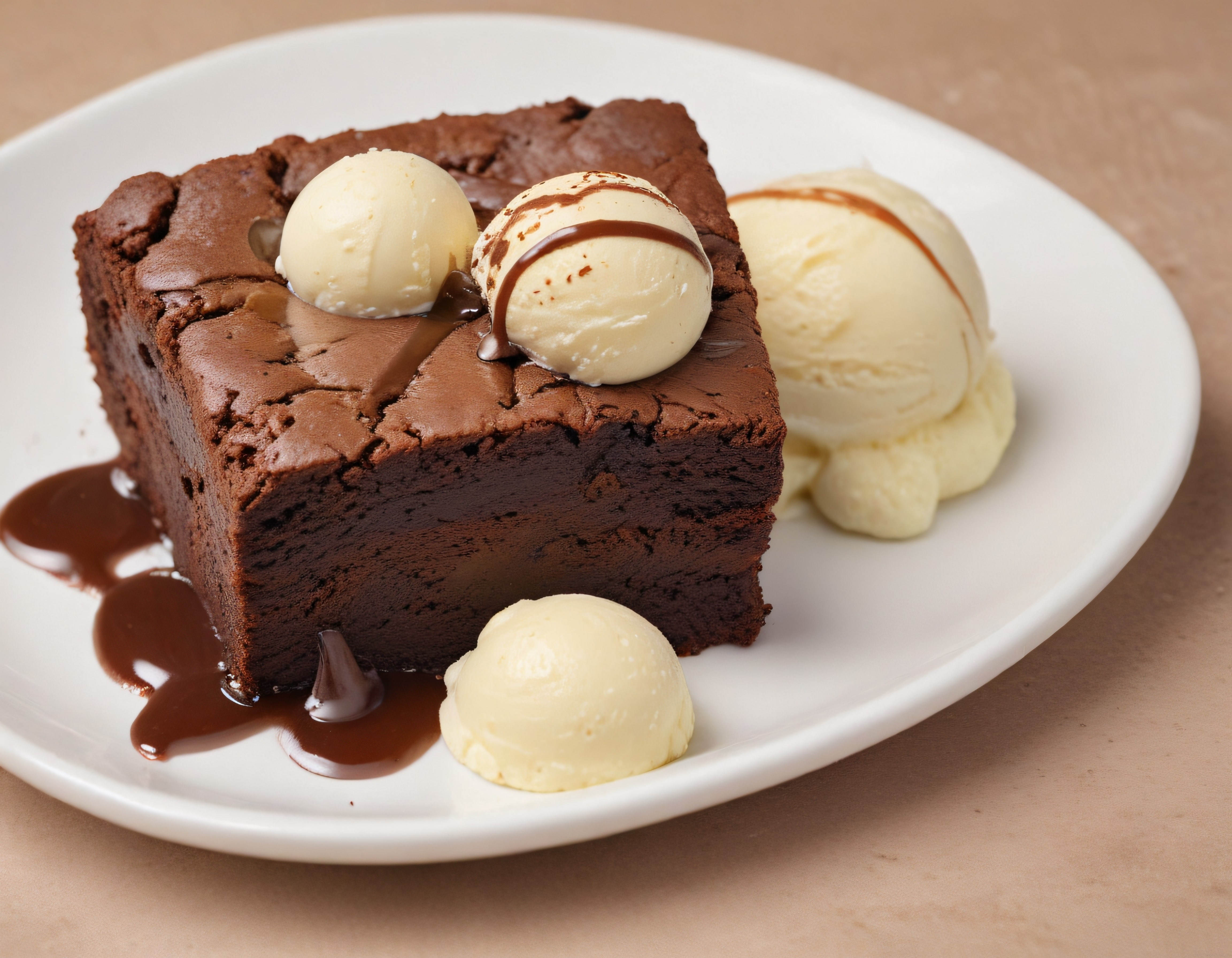 Sıcacık Çikolatalı Brownie Üzerinde Vanilya Dondurma ve Çikolata Sosu