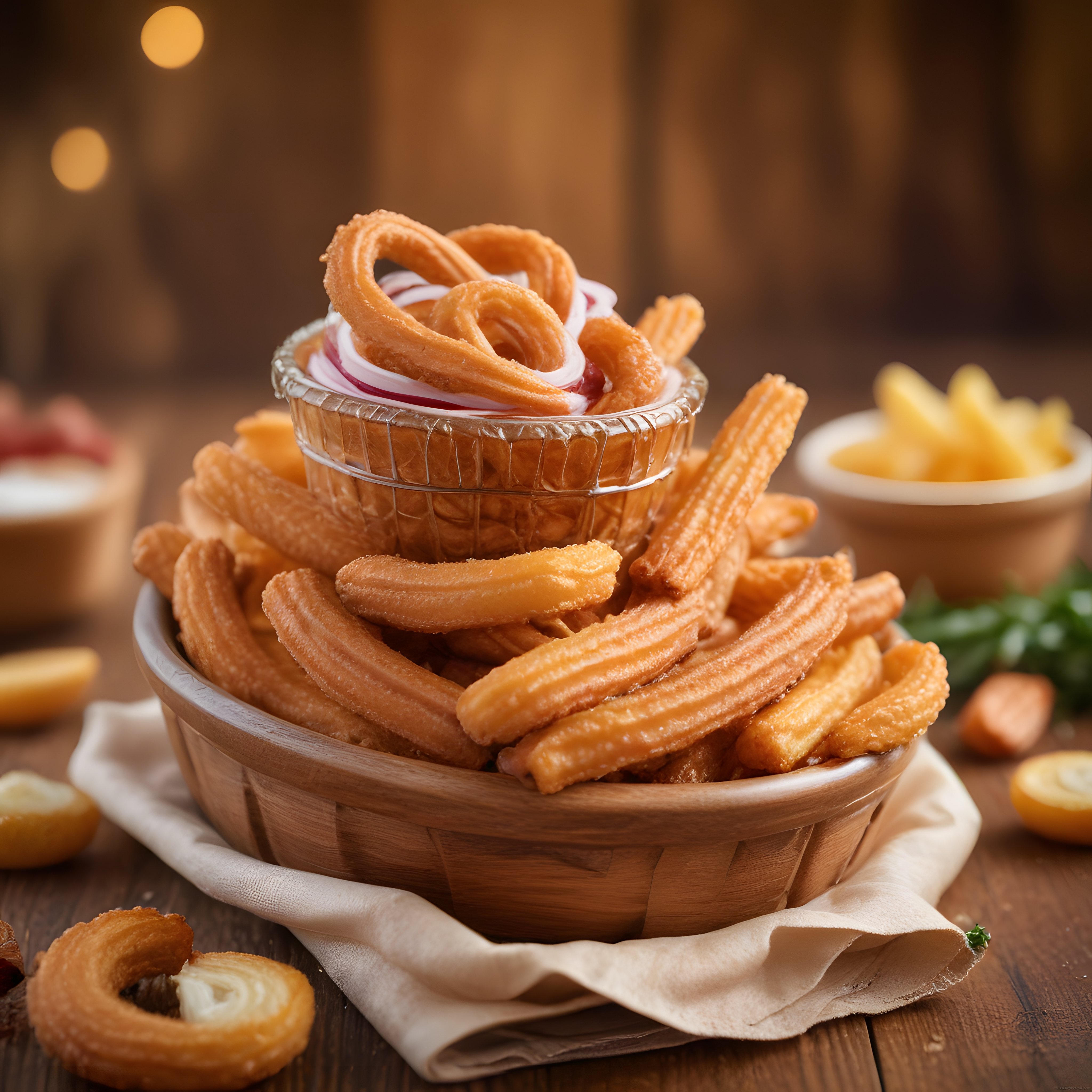 Sıcacık Çıtır Churros Tatlısı, Ahşap Sunum ve Dip Soslarla Lezzet Dolu An