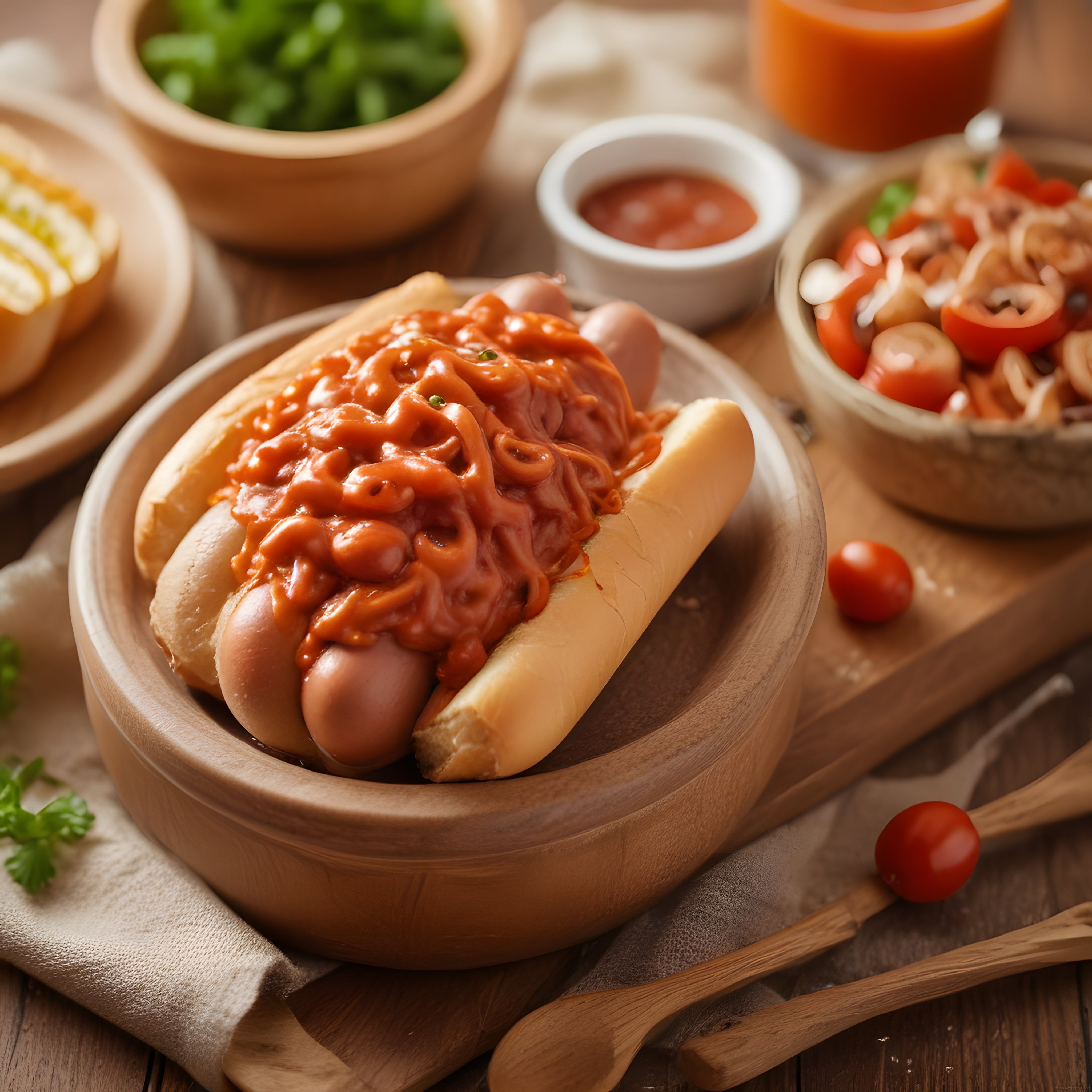 Sıcacık ev yapımı barbekü soslu sosisli sandviç ve kızarmış soğan ile sunum