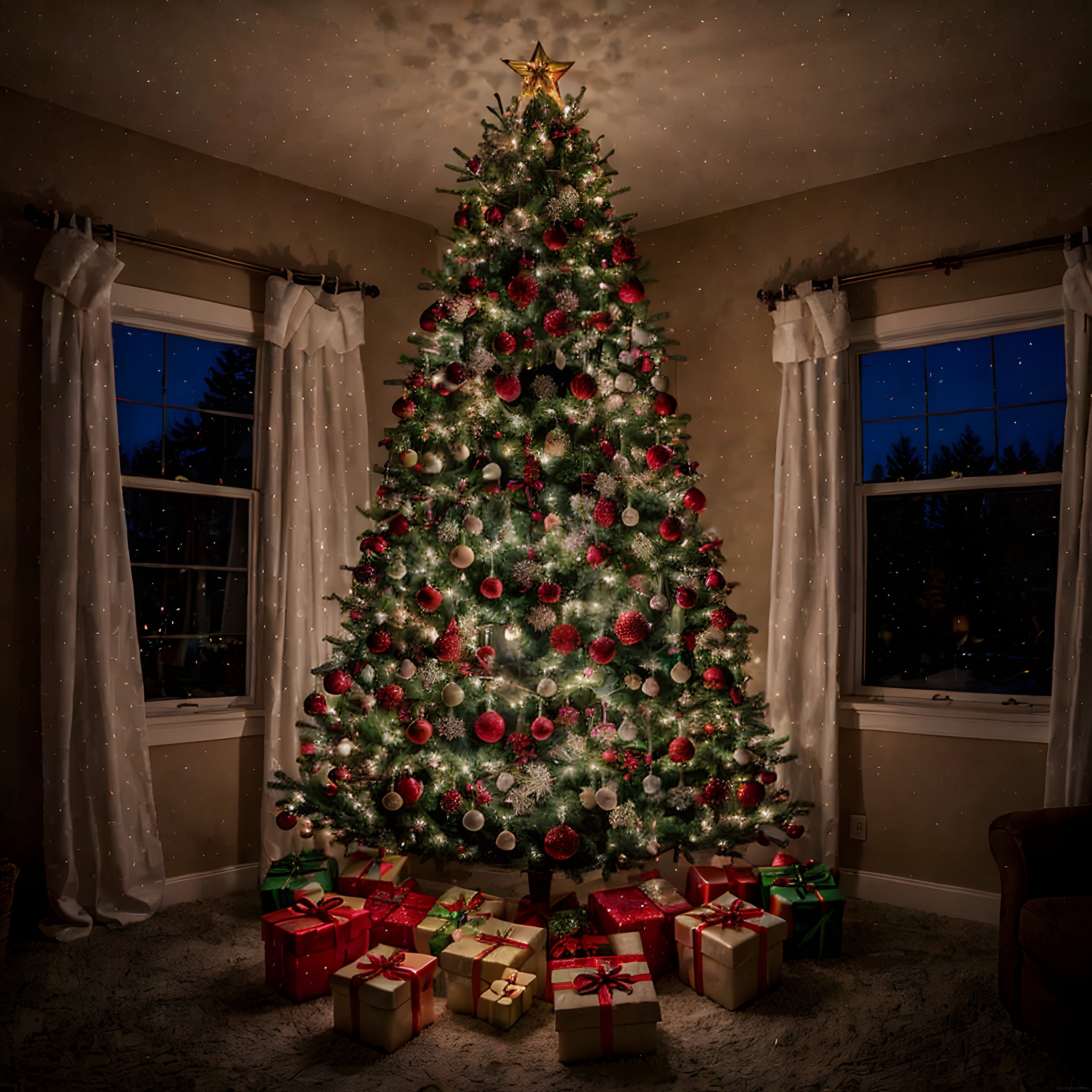Sıcacık Evde Parıldayan Süslenmiş Noel Ağacı ve Yılbaşı Hediye Kutuları