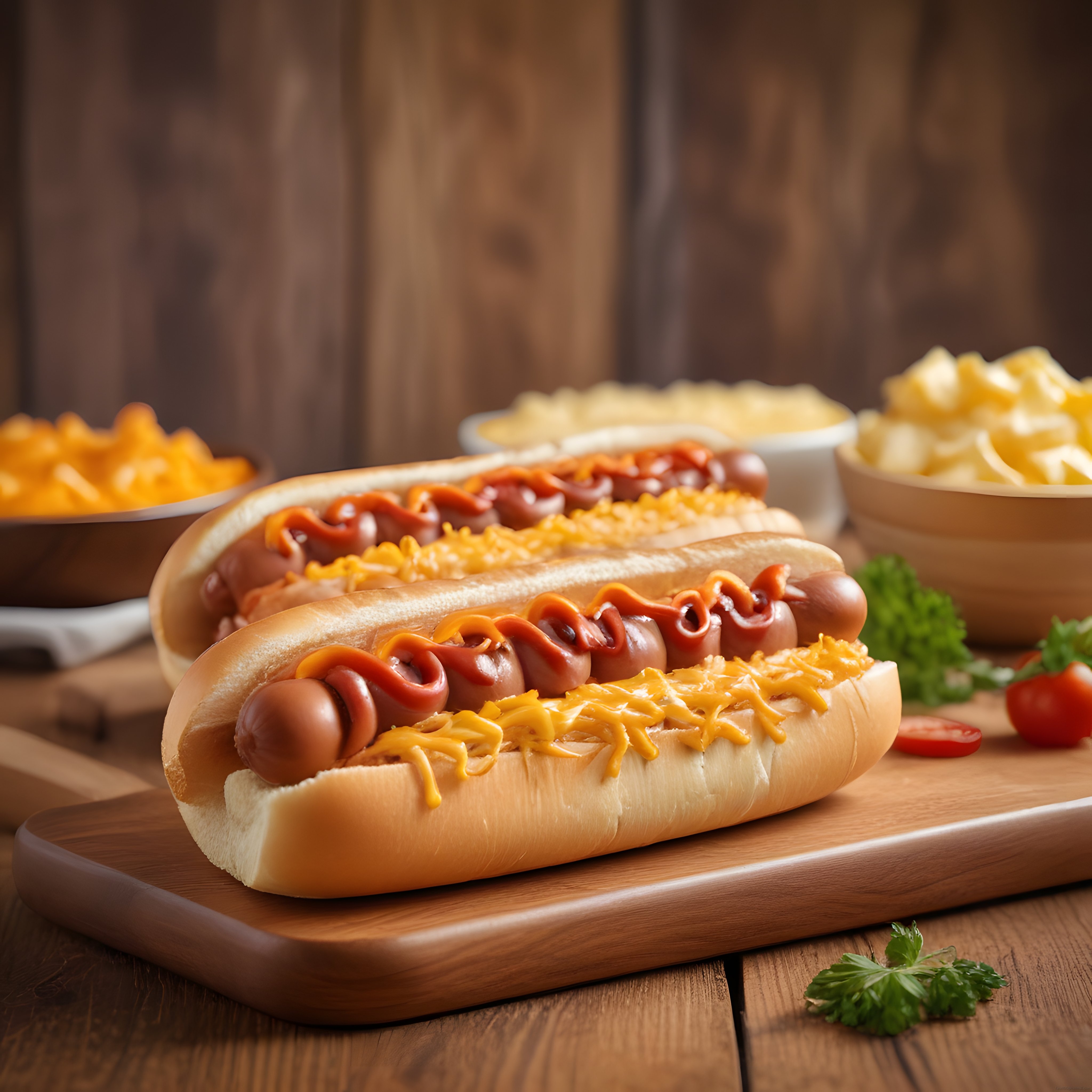 Sıcacık hot doglar üzerinde erimiş peynir ve ketçap ile ahşap sunum tahtasında