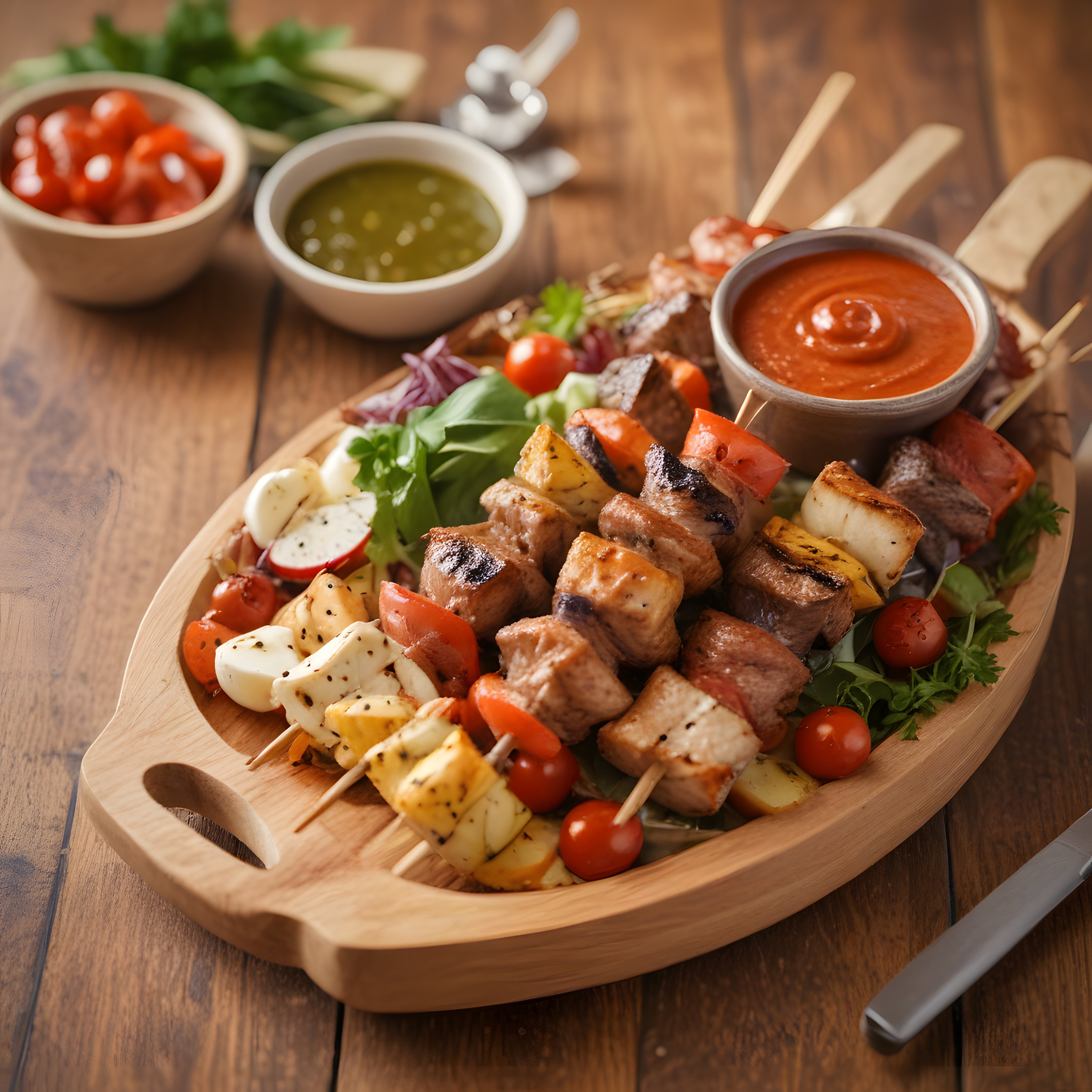 Sıcacık Izgara Şiş Kebap, Peynir ve Sebzelerle Süslenmiş Ahşap Sunum Tabağı