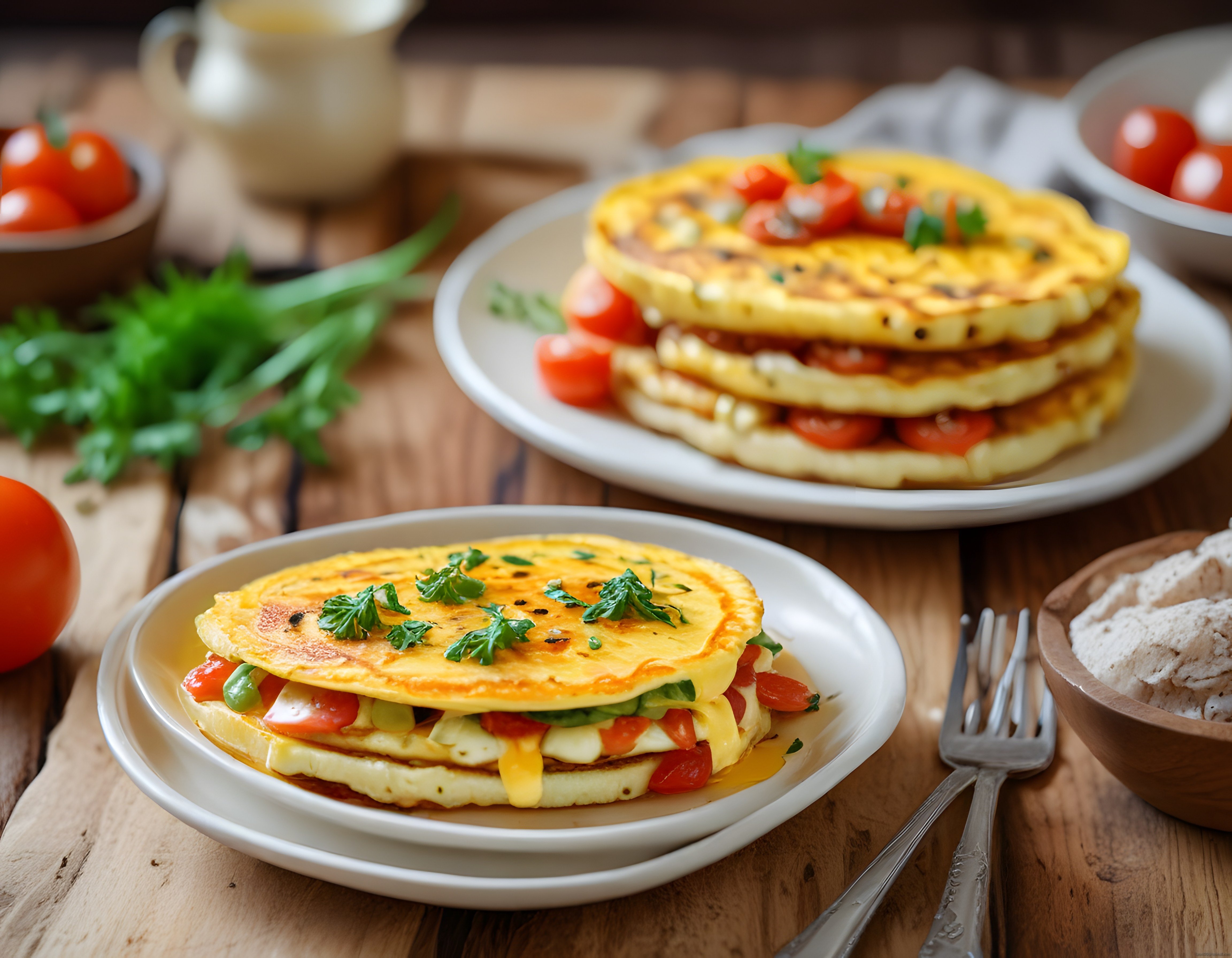 Sıcacık Kahvaltı Sofrası: Taze Sebzeli Peynirli Omlet ve Renkli Sunum