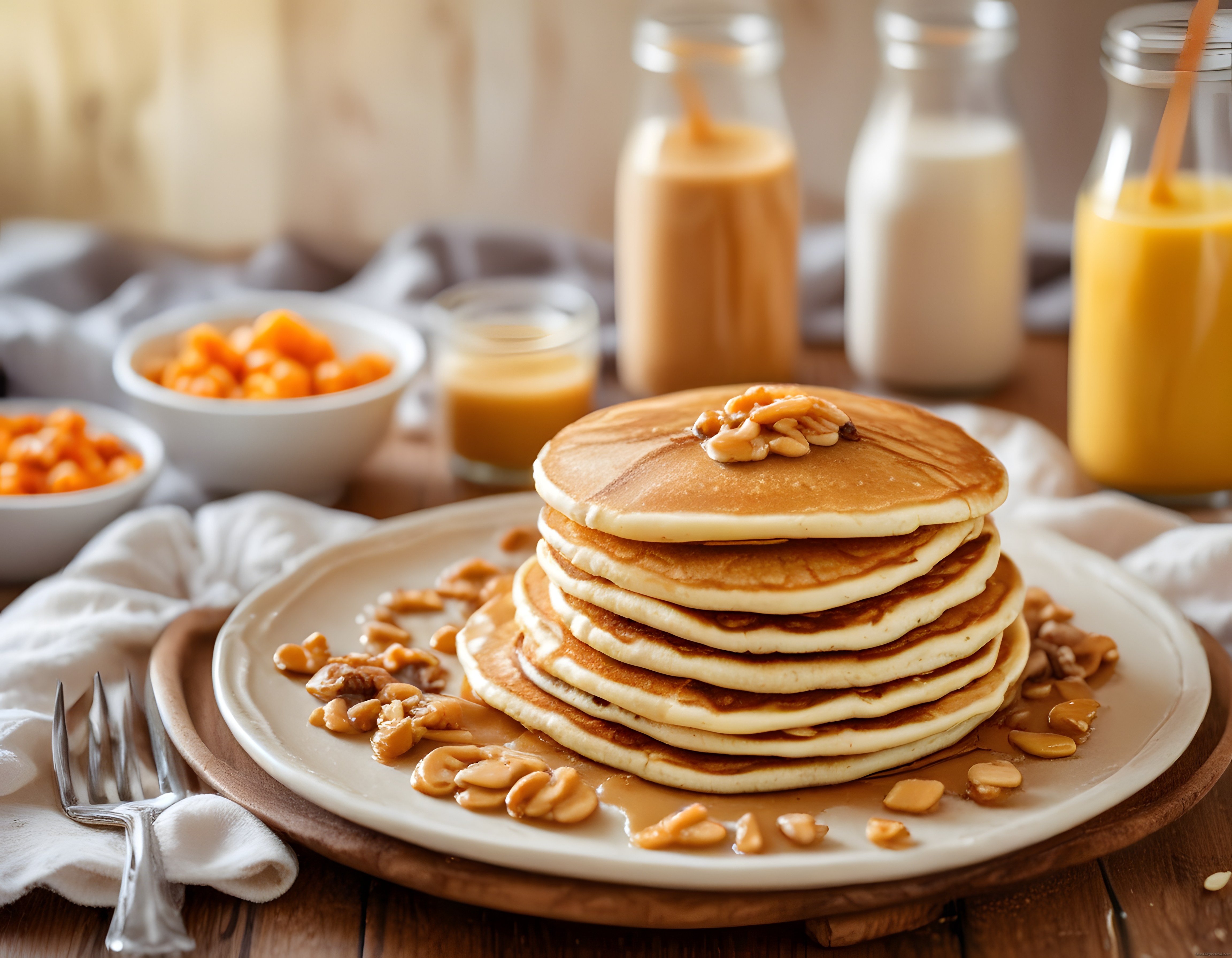 Sıcacık kahvaltı sofrasında karamel soslu cevizli pancake kulesi