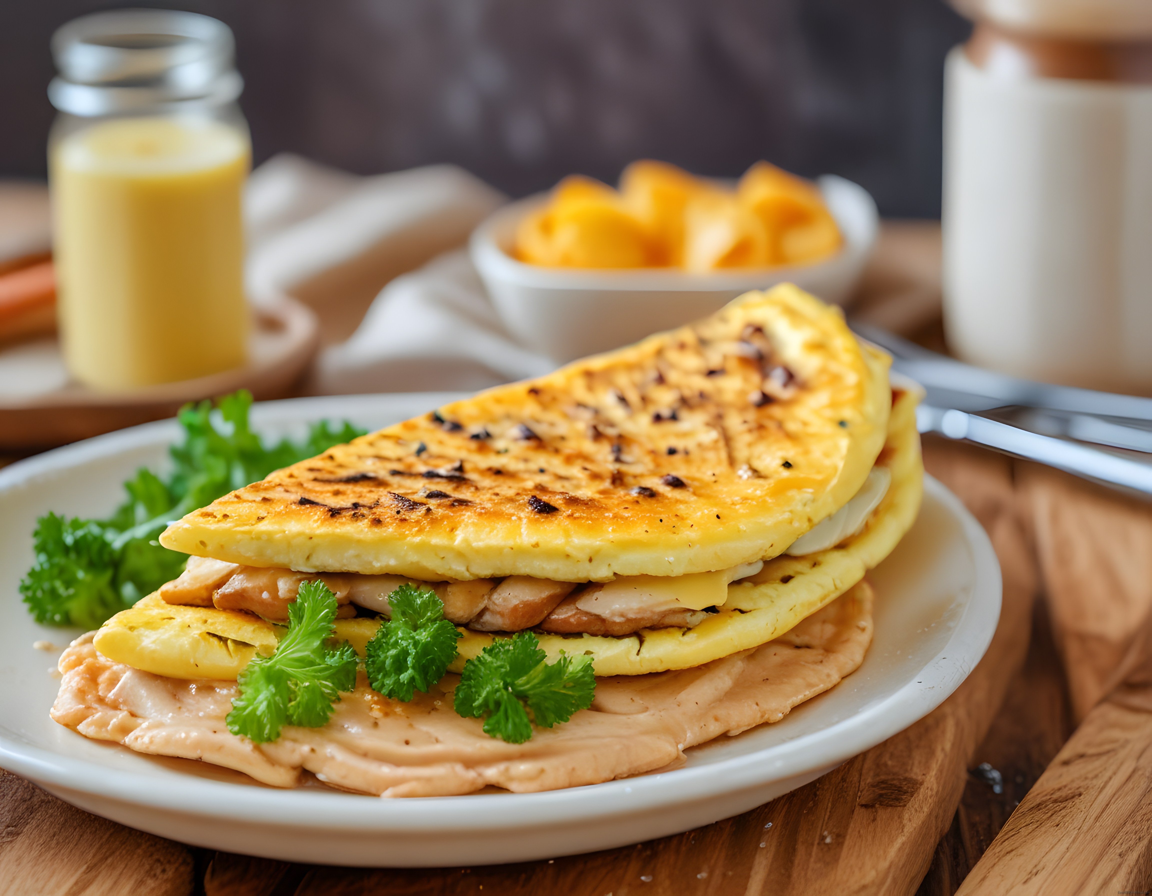 Sıcacık Kahvaltı Sofrasında: Tavuklu Omlet Maydanoz ve Özel Sos Sunumu