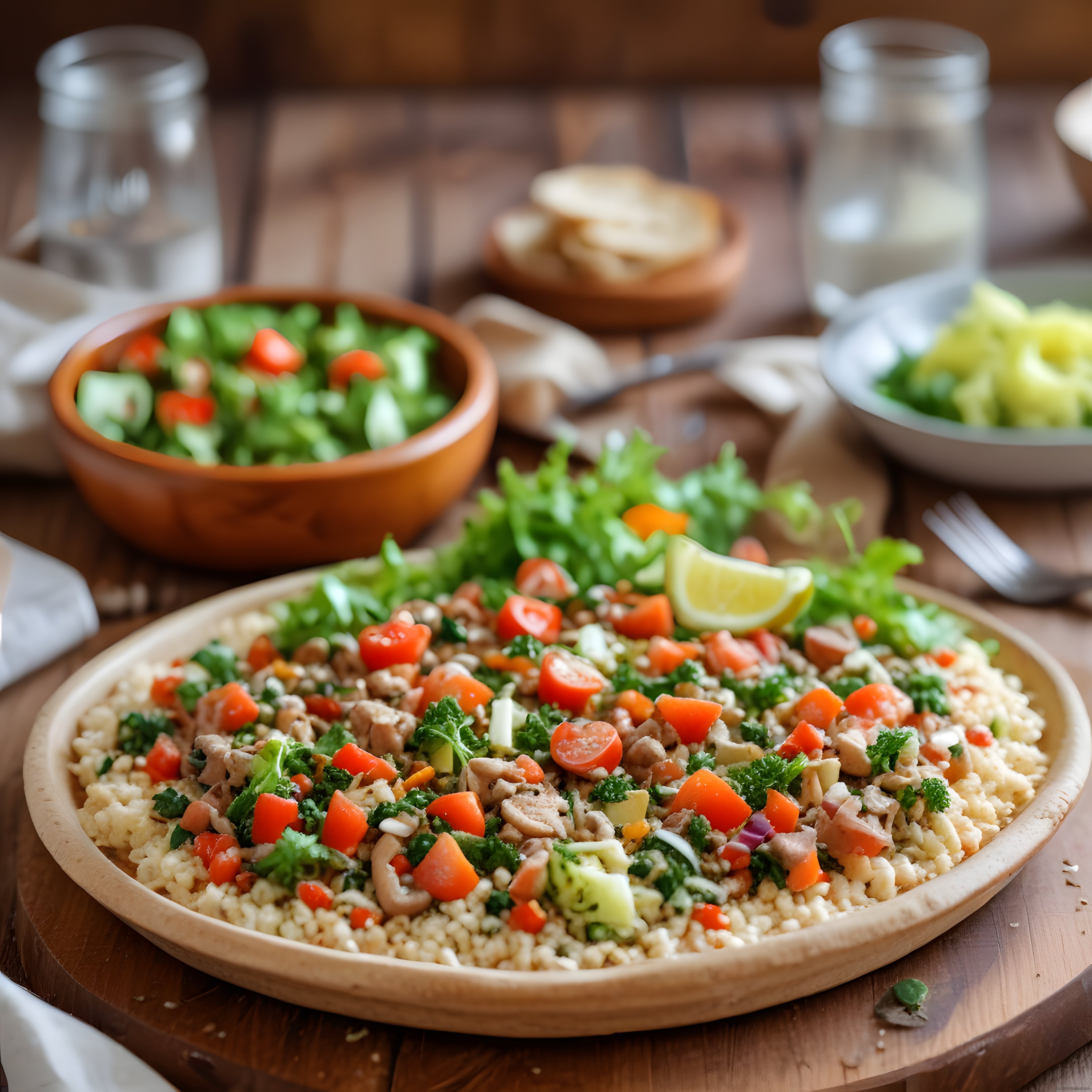 Sıcacık kuskuslu tavuklu sebze yemeği ve taze salata ile rustik masa düzeni