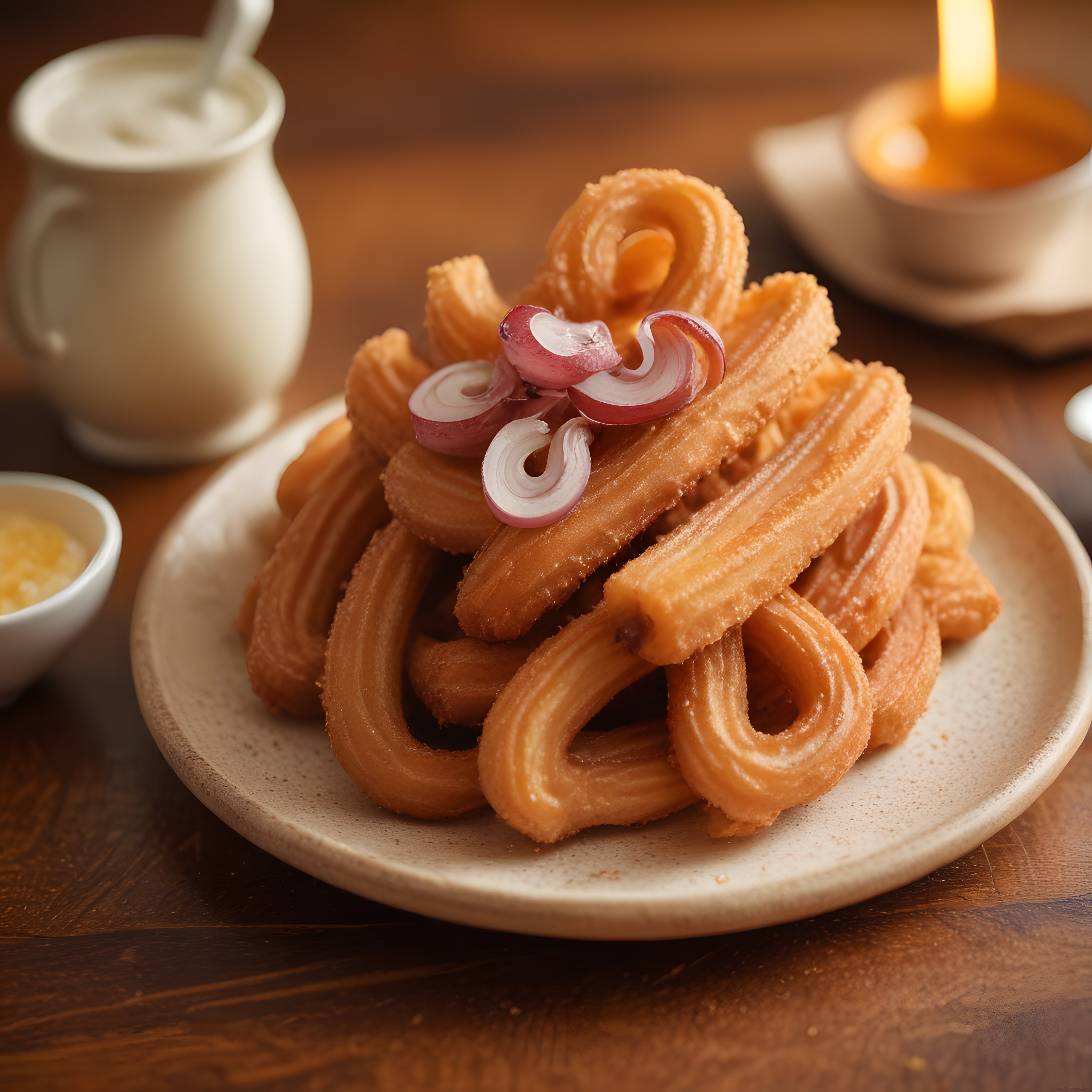 Sıcacık Mum Işığında Rustik Masada Kızarmış Churros ve Soğan Sunumu