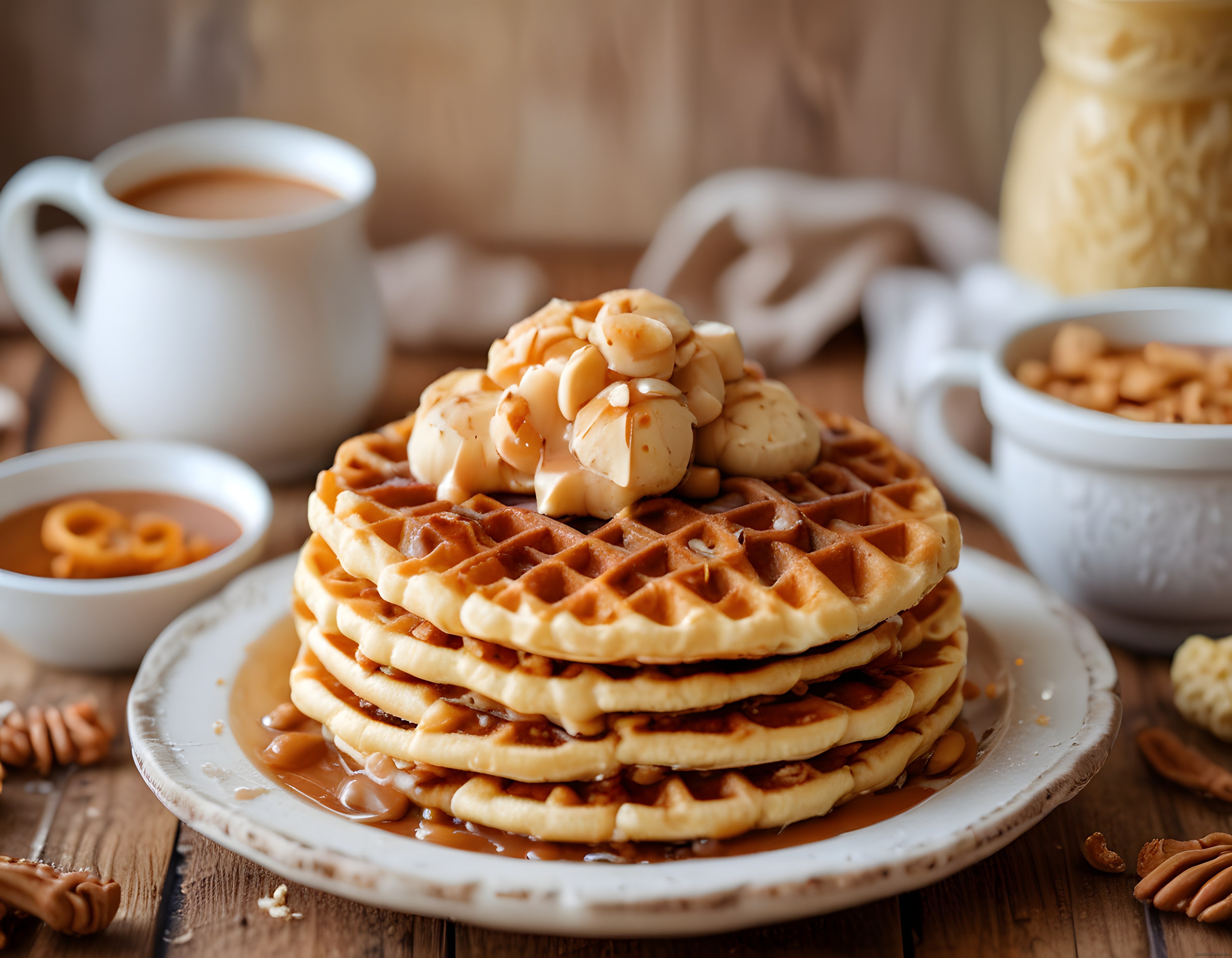Sıcacık Muzlu Waffle: Karamel Soslu Kahvaltı Masası ve Kahve Eşliği