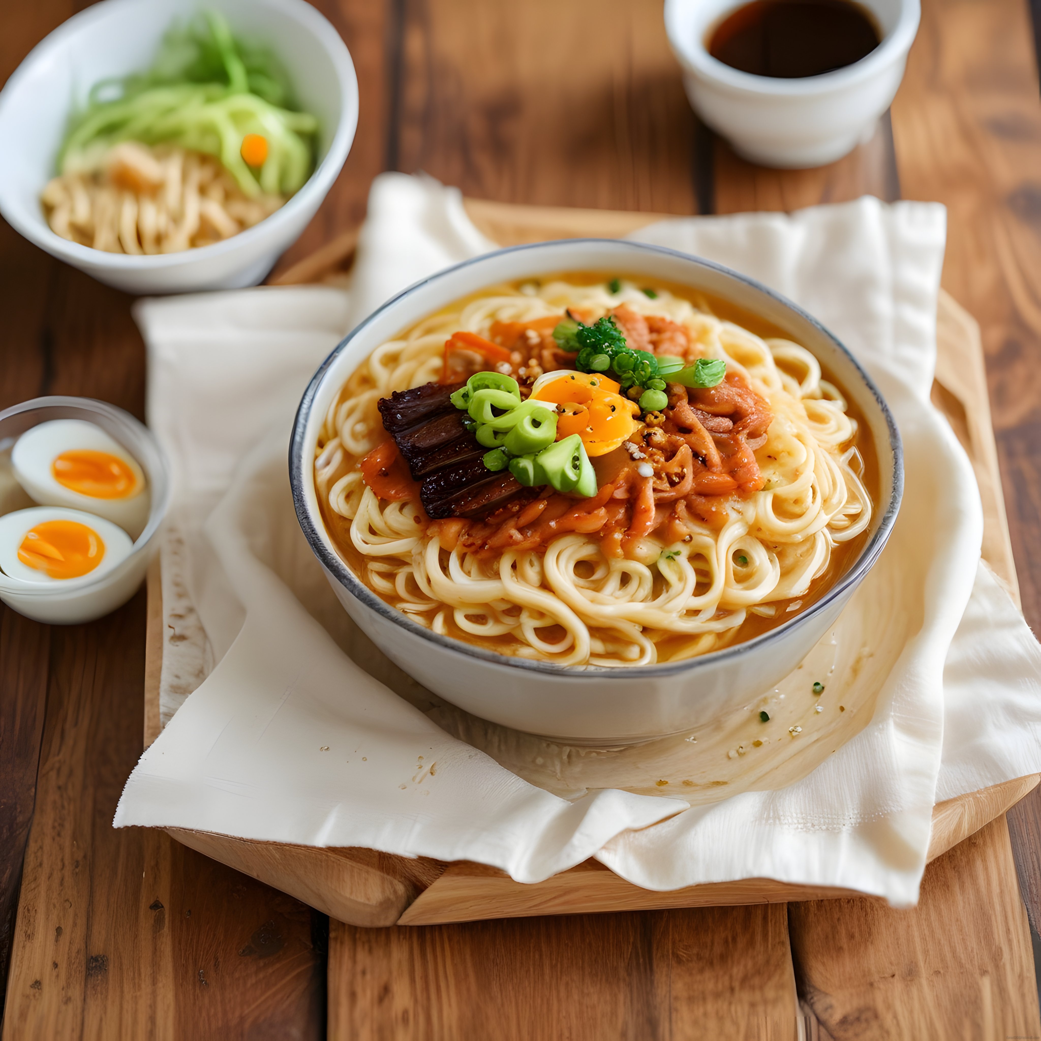 Sıcacık ramen çorbası ile ahşap sunum tahtasında rustik masa düzeni