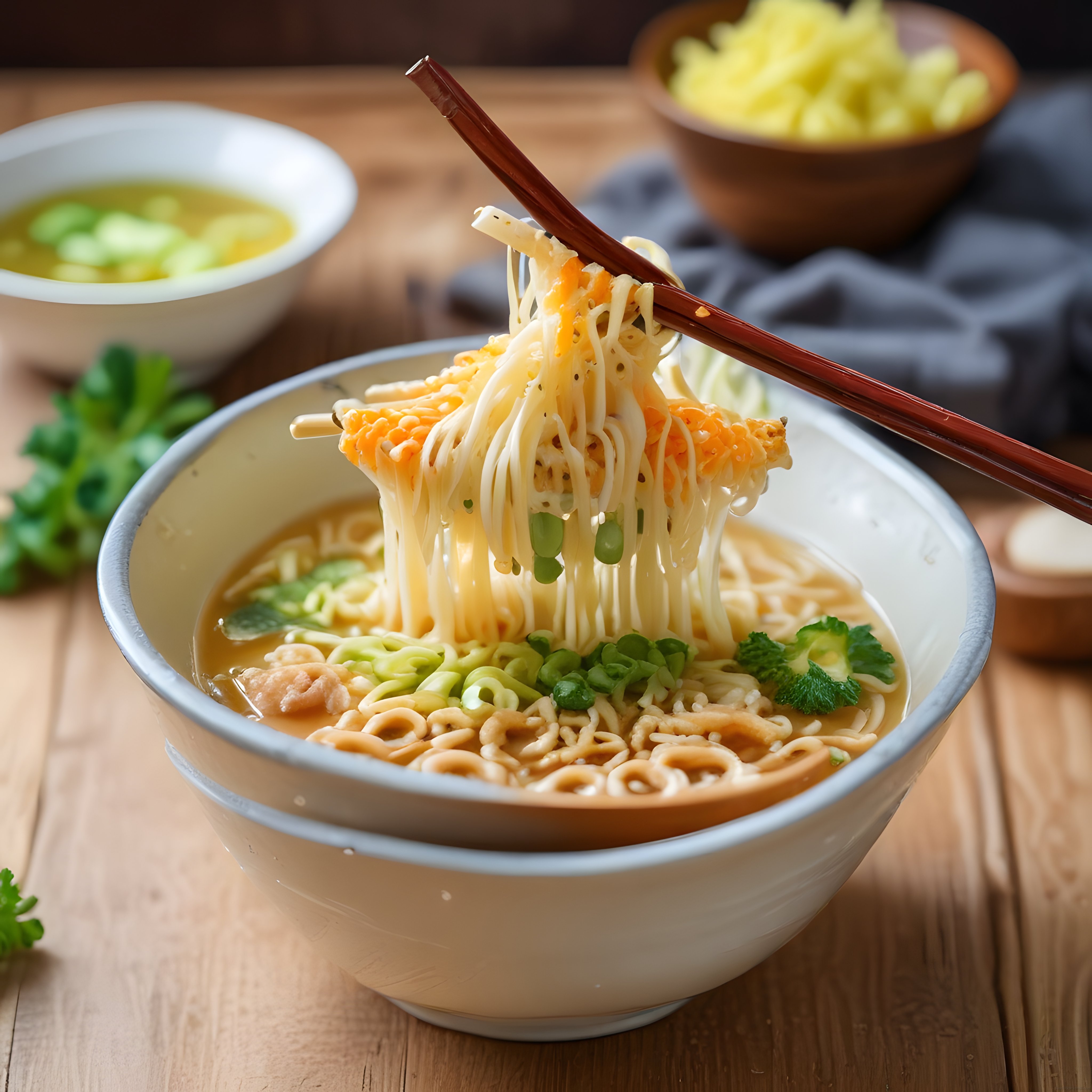 Sıcacık Ramen Çorbası: Yemek Çubukları ile Kaldırılan Erişte ve Sebzeli Sunum