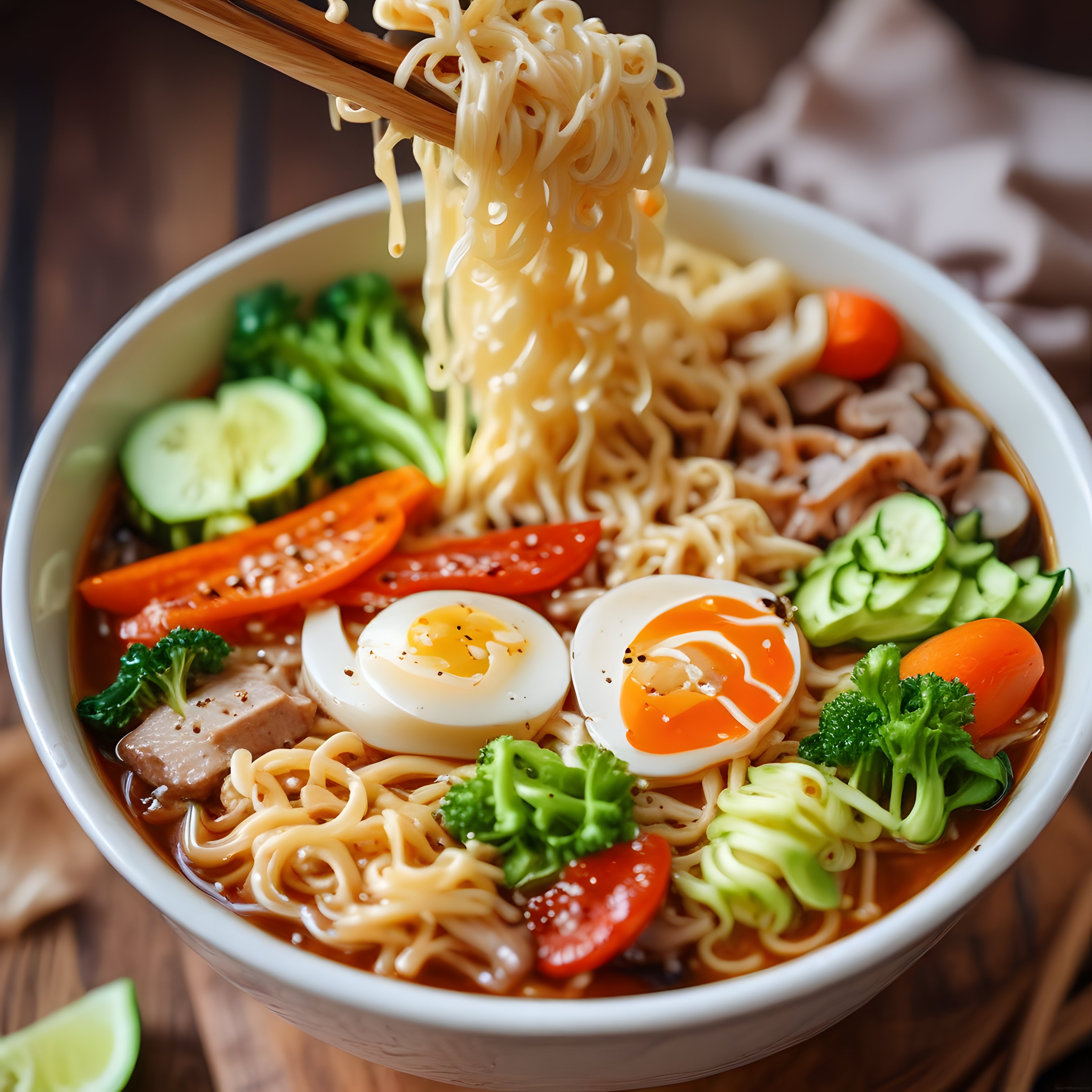 Sıcacık ramen kasesi: sebzeli, yumurtalı ve baharatlı Asya erişte çorbası