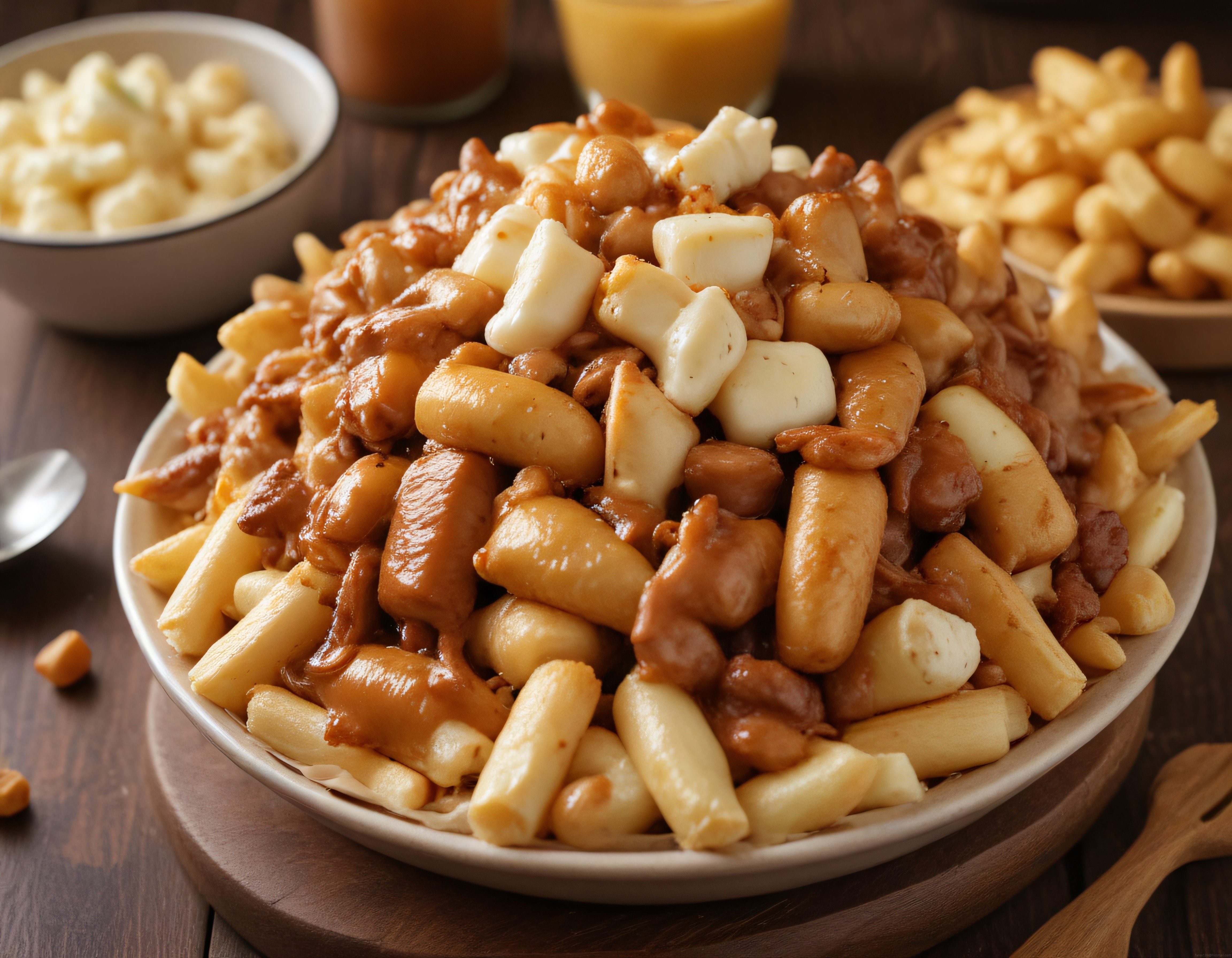 Sıcacık Sos ve Peynir Parçacıklarıyla Süslenmiş Geleneksel Kanada Poutine'i