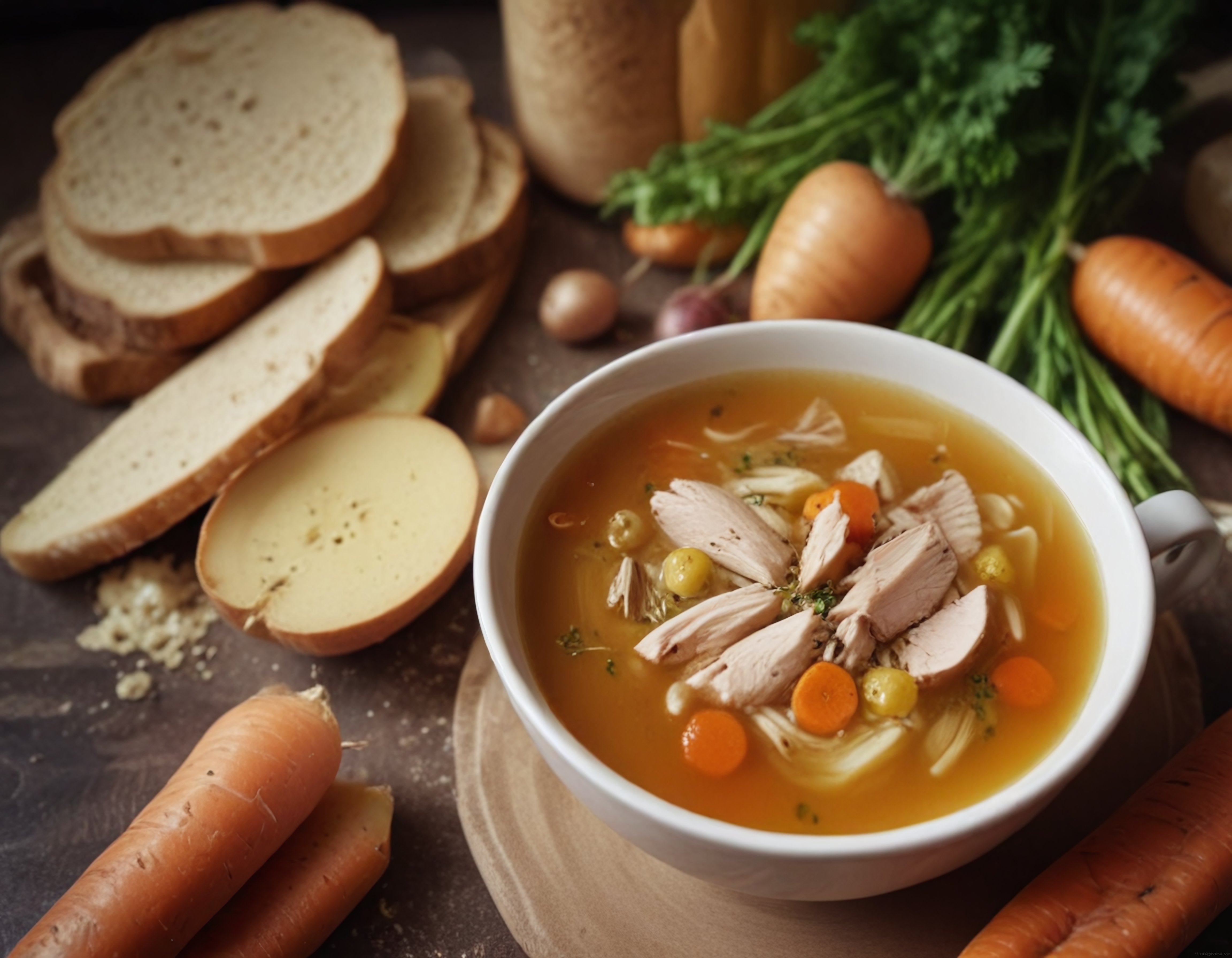 Sıcacık Tavuklu Sebze Çorbası, Taze Ekmek Dilimleri ve Doğal Malzemeler